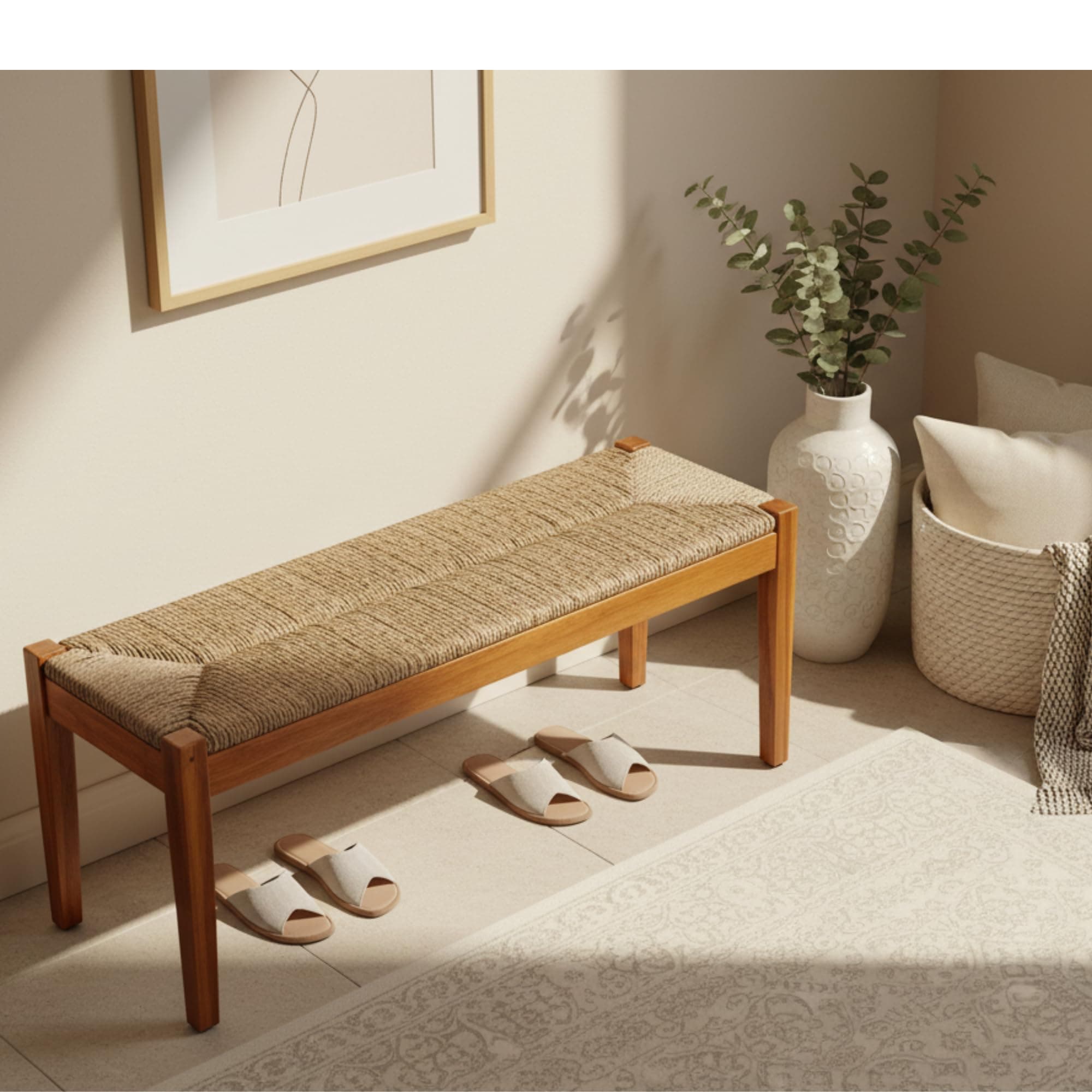 Vintage Entryway Bench, 47 inch Acacia Wood Bench with Woven Seagrass Seat, Entryway Bench, Wicker Bench Indoor for Hallway, End of Bed, Rustic Farmhouse Boho Style, Indoor Decorative Bench (Brown)