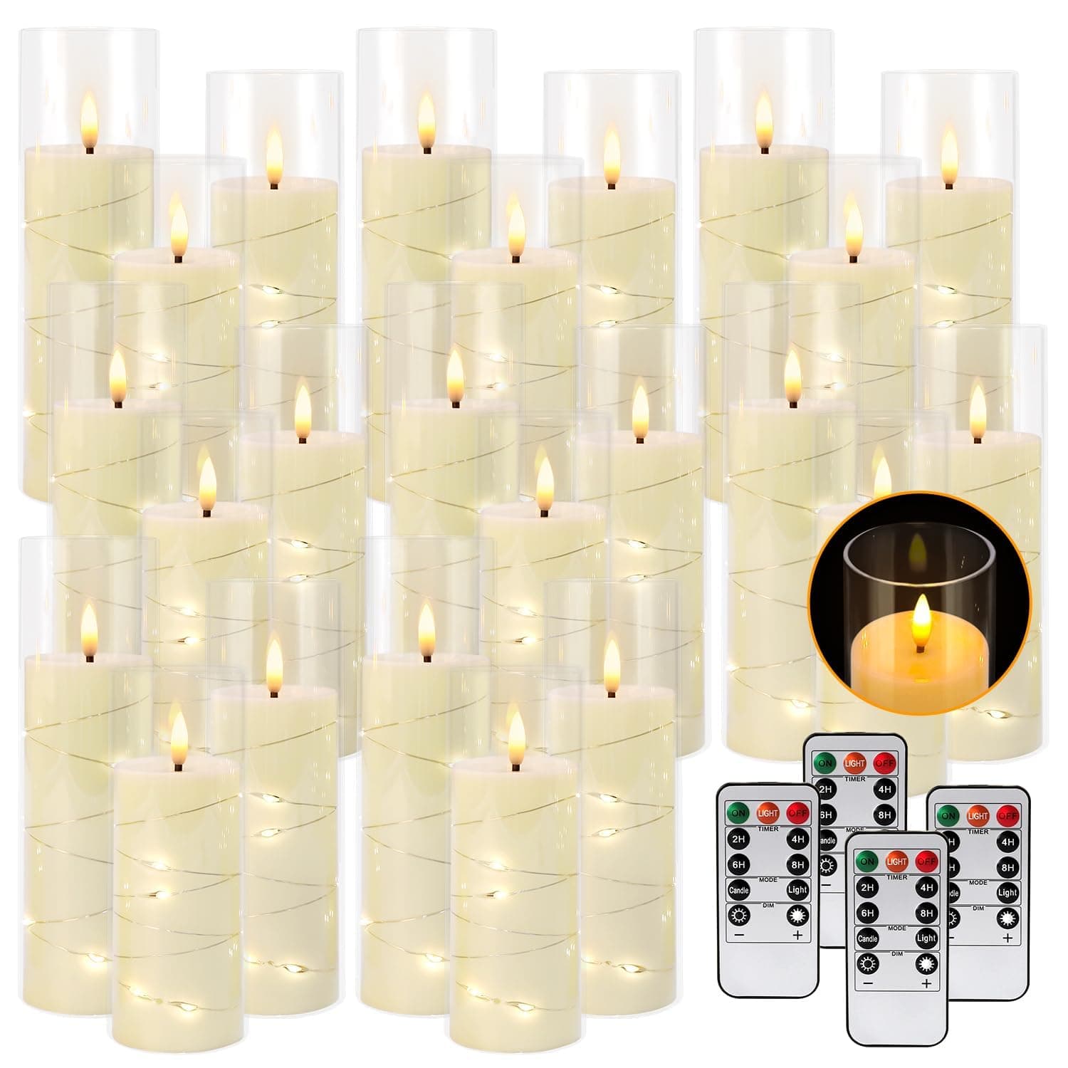 Flickering Flameless Candles with Remote and 2/4/6/8 H Timer Starry Lights candle Pack of 24 (D2.17"x H 5"6"7")with Realistic Moving Wick Candles for Valentine's Day Christmas & Home Decor,weeddings..