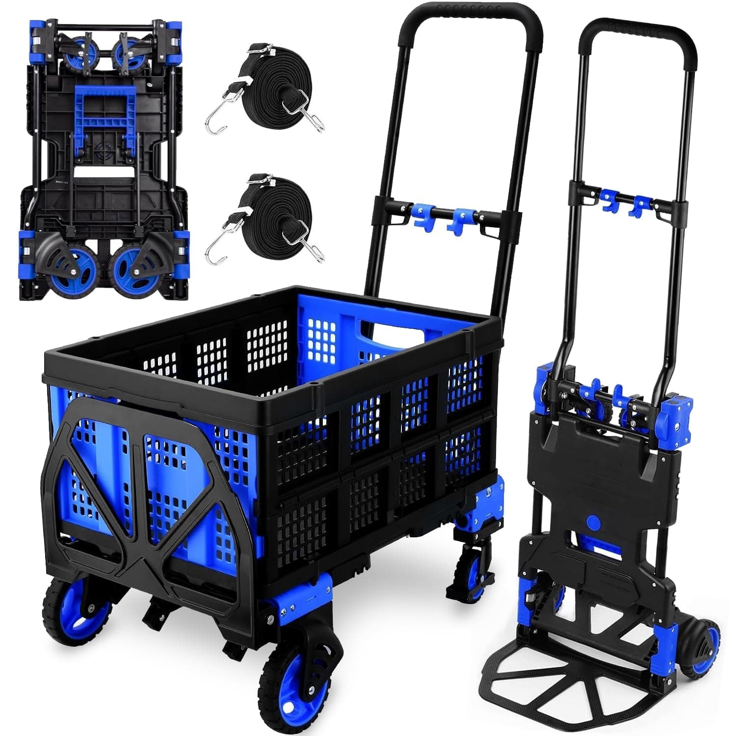 2 in 1 Folding Hand Truck with Folding Basket,330lbs Capacity Heavy Duty Hand Truck,with Telescoping Handle and Rubber Wheels,Portable Dolly Cart with Bungee Cords for Moving,Travel,Shopping