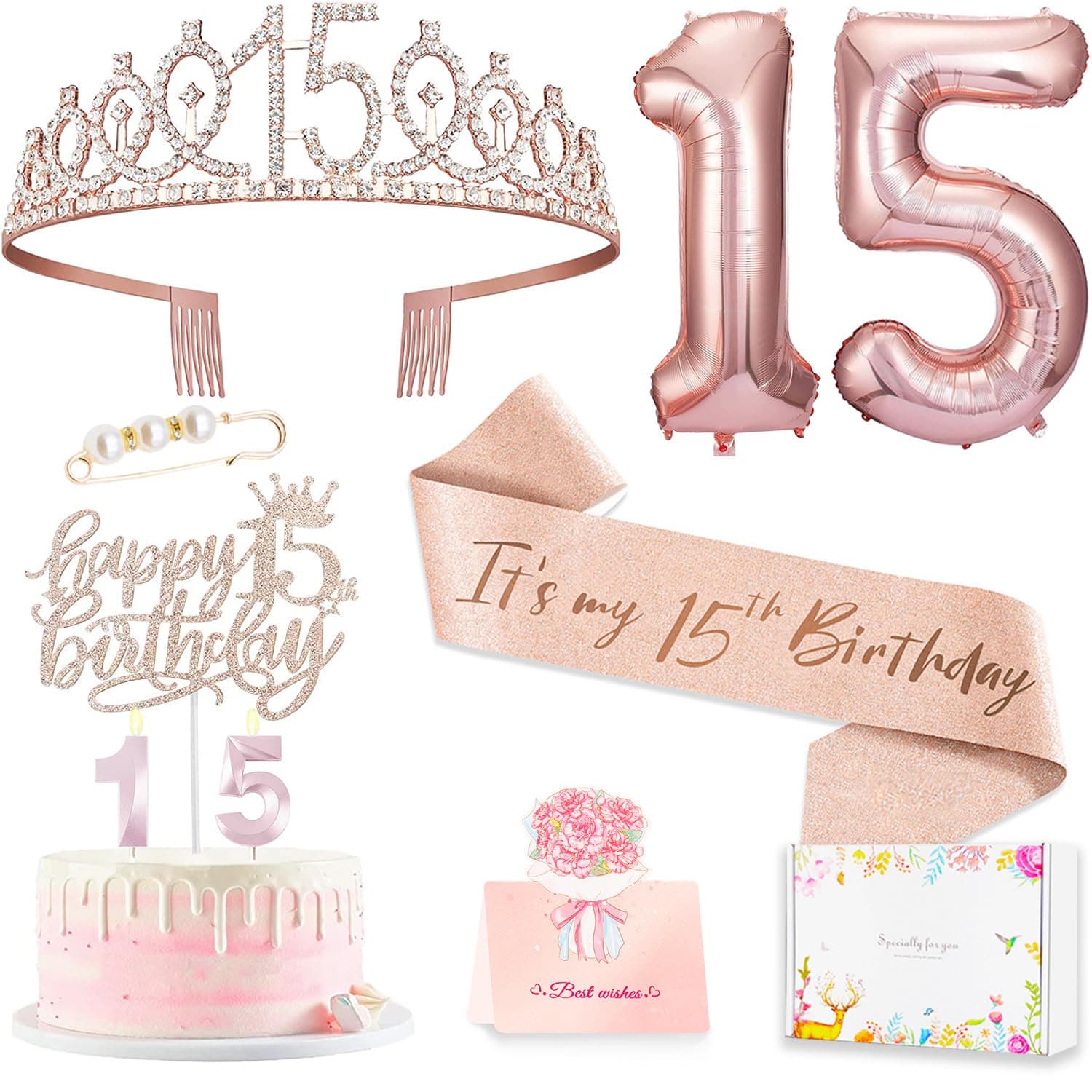 8pcs 15th Birthday Decorations for Girls, Including 15 Birthday Cake Topper, Birthday Queen Sash with Pearl Pin, Sweet Rhinestone Tiara Crown, Number Candles and Balloons Set, Rose Gold