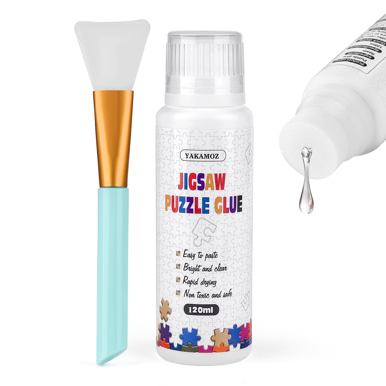 Yakamoz Jigsaw Puzzle Glue with Sponge Head for Adults, Clear Water-Soluble Craft Puzzle Glue, Quick Dry for 1000/1500/3000 Pieces, 120ML