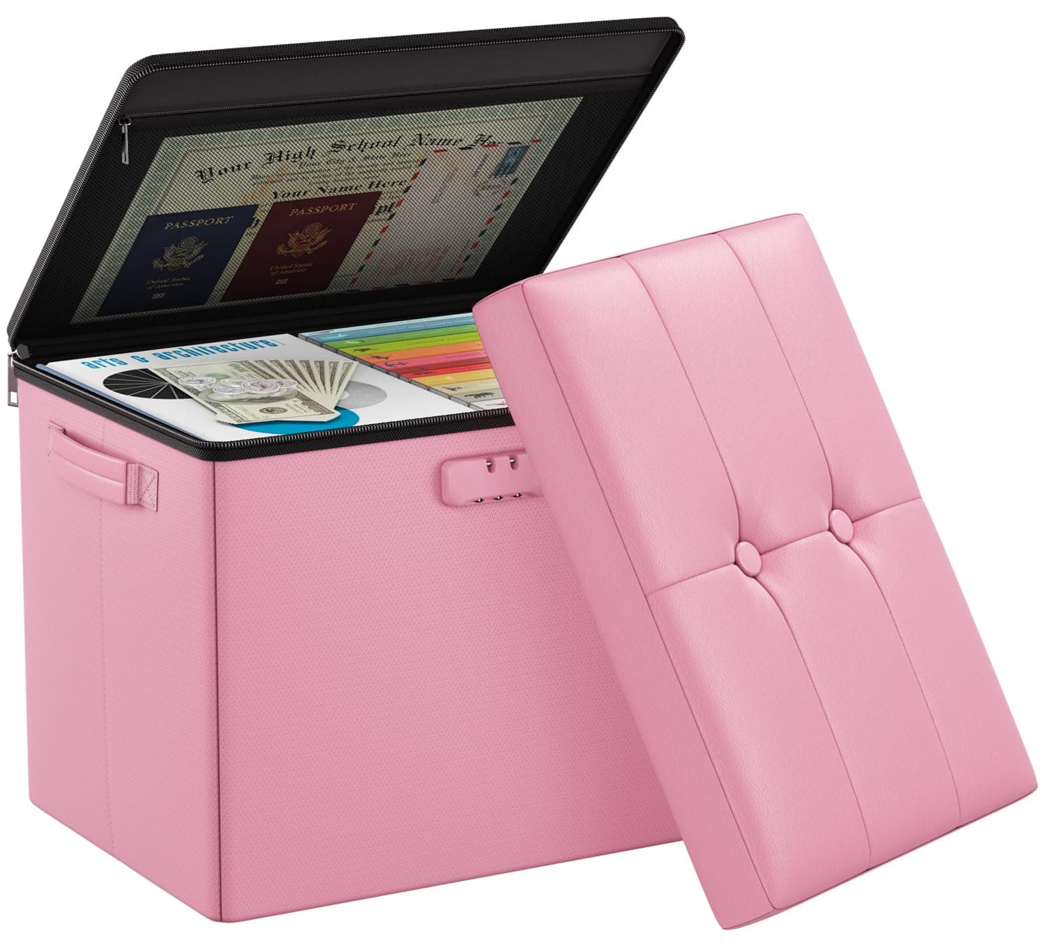 DocSafe Storage Ottoman Foot Rest Stool with Lock ＆ Handles, Fireproof Folding Leather Footstool Bench with Storage Safe for Living Room Bedroom, Home Office, Dorm, 17x13x13in, Pink