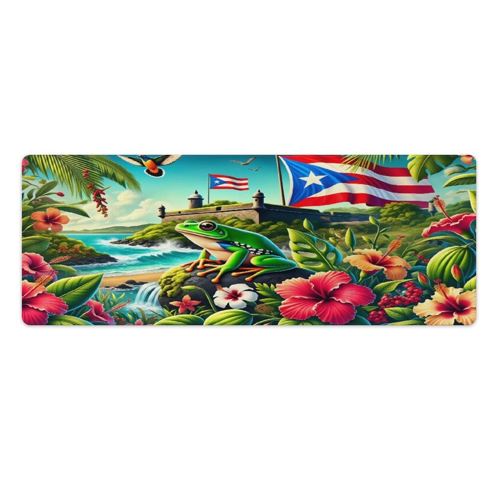 Puerto Rican Frog on Vibrant Beach Desk Mat Desk Pad Large Mouse Pad Anti-Slip Big Mousepad with Stitched Edges Computer Mouse Pads for Gaming Home Office Work 12"x32"