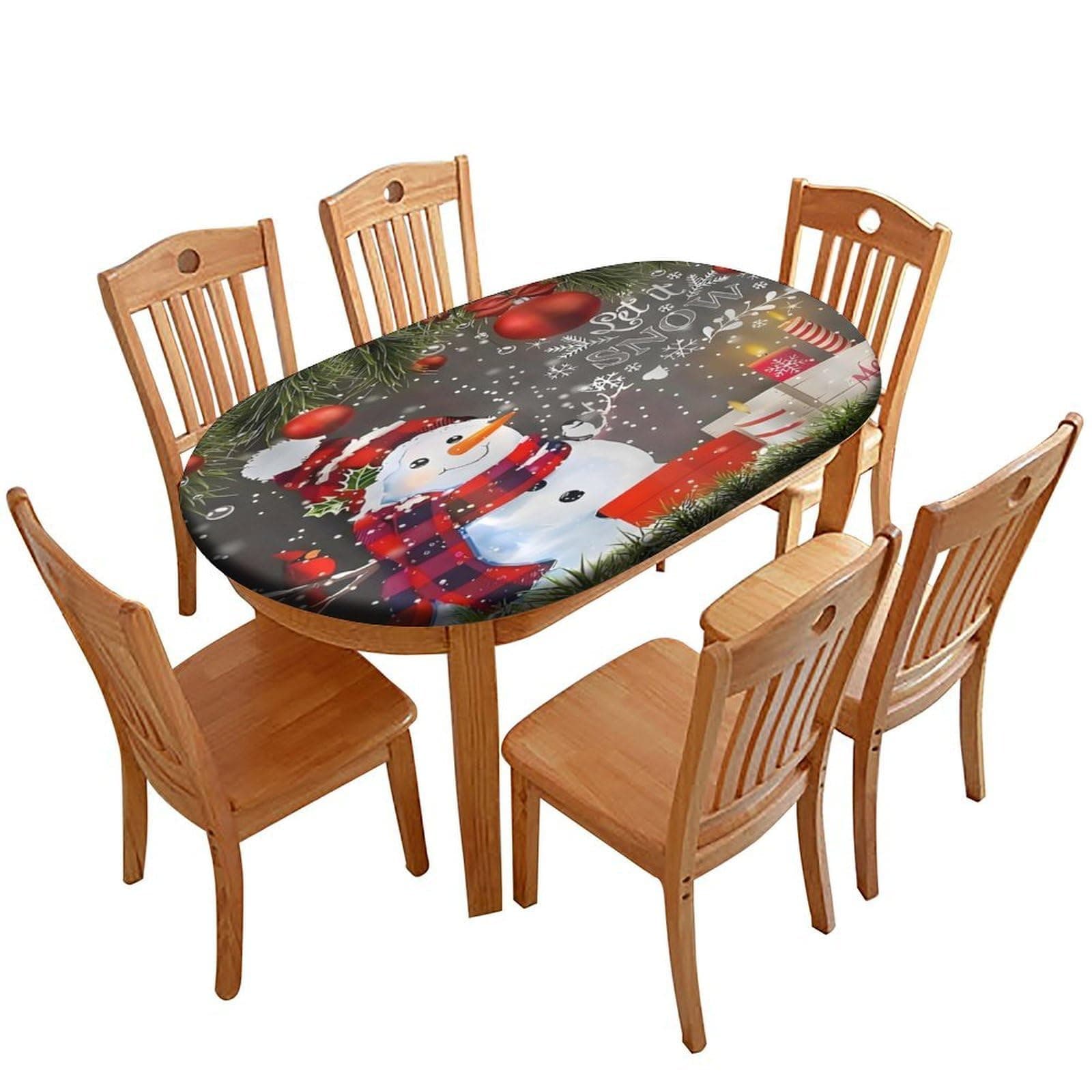 QUCDECIS Winter Snowman Oval Fitted Tablecloths, Red Xmas Balls Pine Branch Elastic Edged Table Cover, for Wrinkle Resistant Indoor Family Banquet Use, 52" X 108"