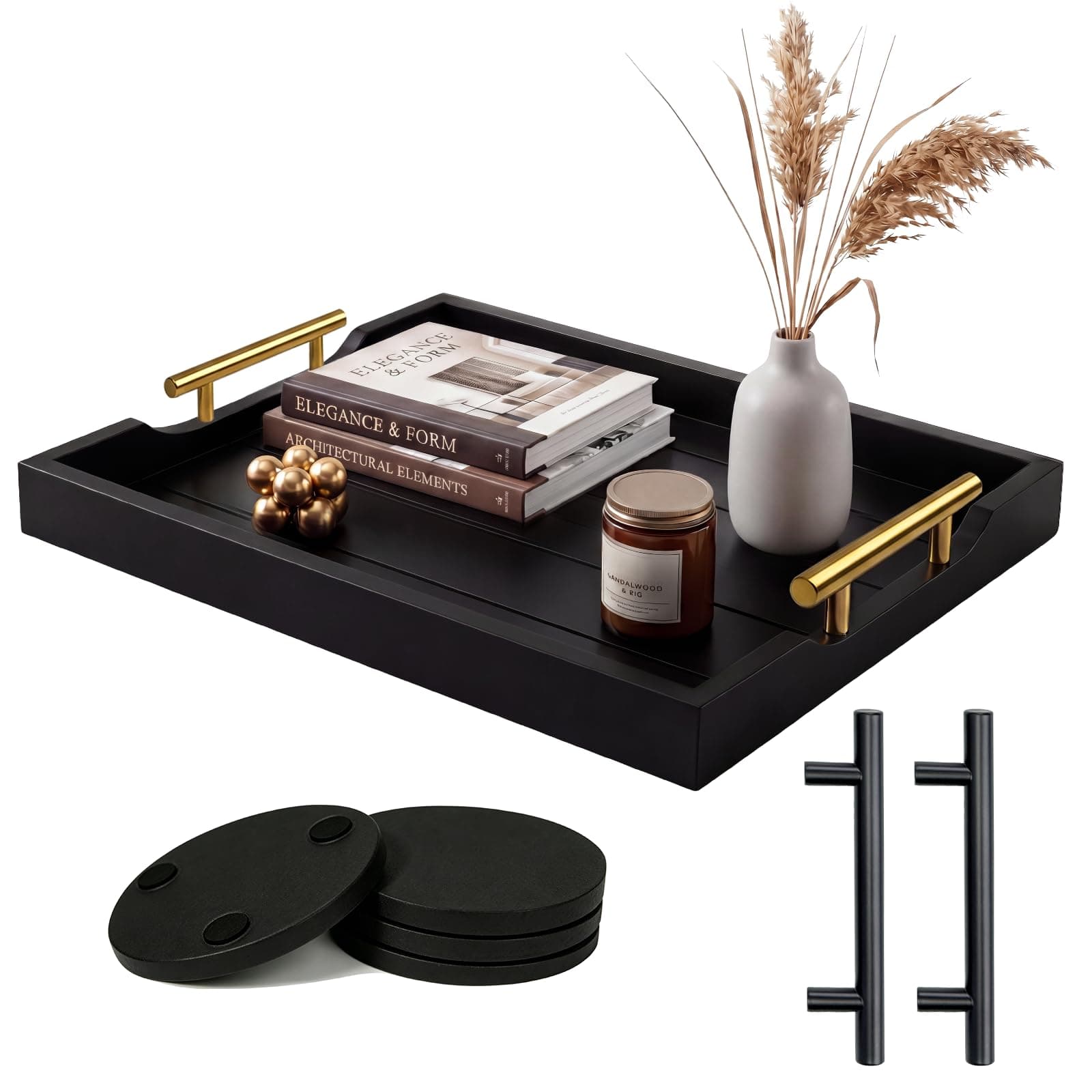 ComfyTune Wood Serving Trays with Metal Handles,Decorative Tray,Black