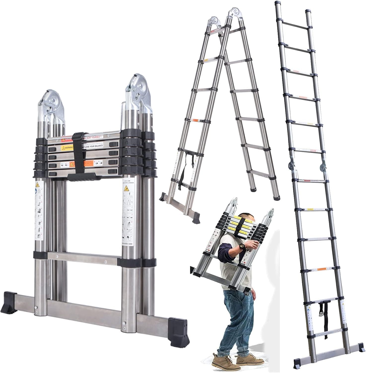 Telescopic Ladder,12.5 FT A-Frame Telescoping Stainless Steel Ladder