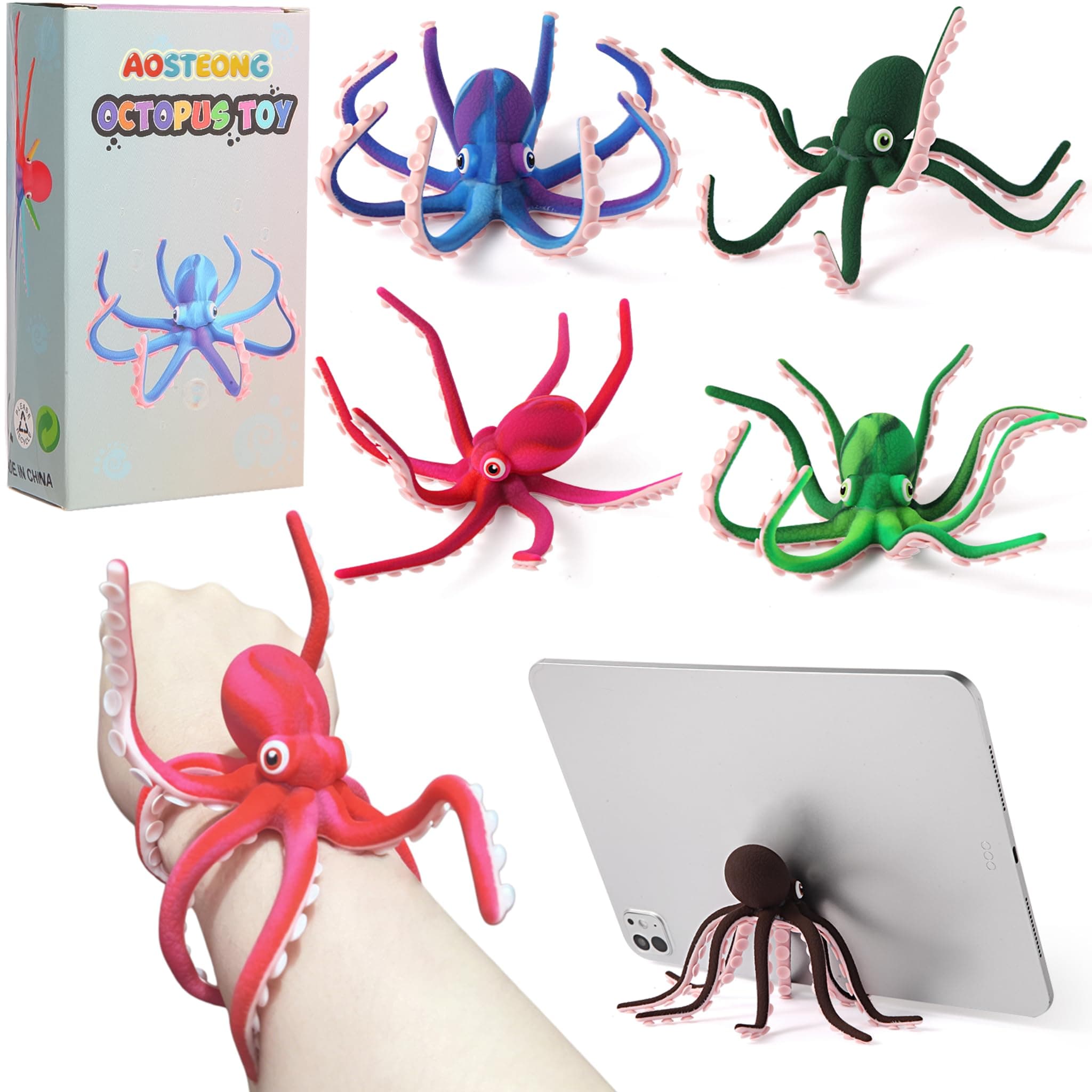 AOSTEONG Octopus Fidget Toy with Suction Cups – Silicone Stress Relief and Sensory Play Desk Toy, Bendable Tentacles for Creative Poses, Portable Gift for Kids, Teens and Adults (1 Pc-Red)