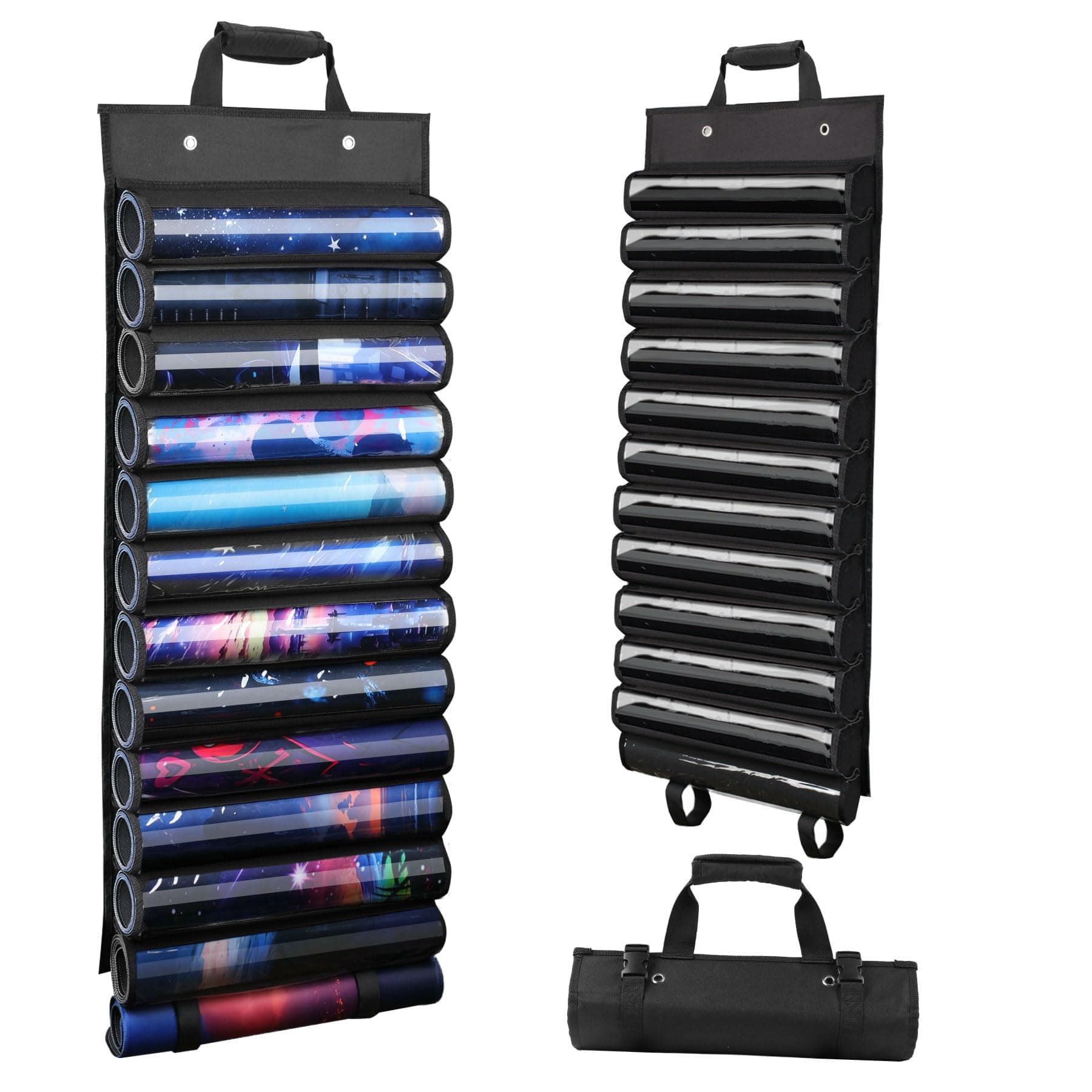 Playmat Holder, Playmat Tube Storage Bag for MTG, Fits 12+1 Card Game Playmats with Transparent Plastic Slots, Portable Organizer Rack for TCG/RPG Mat (Black)