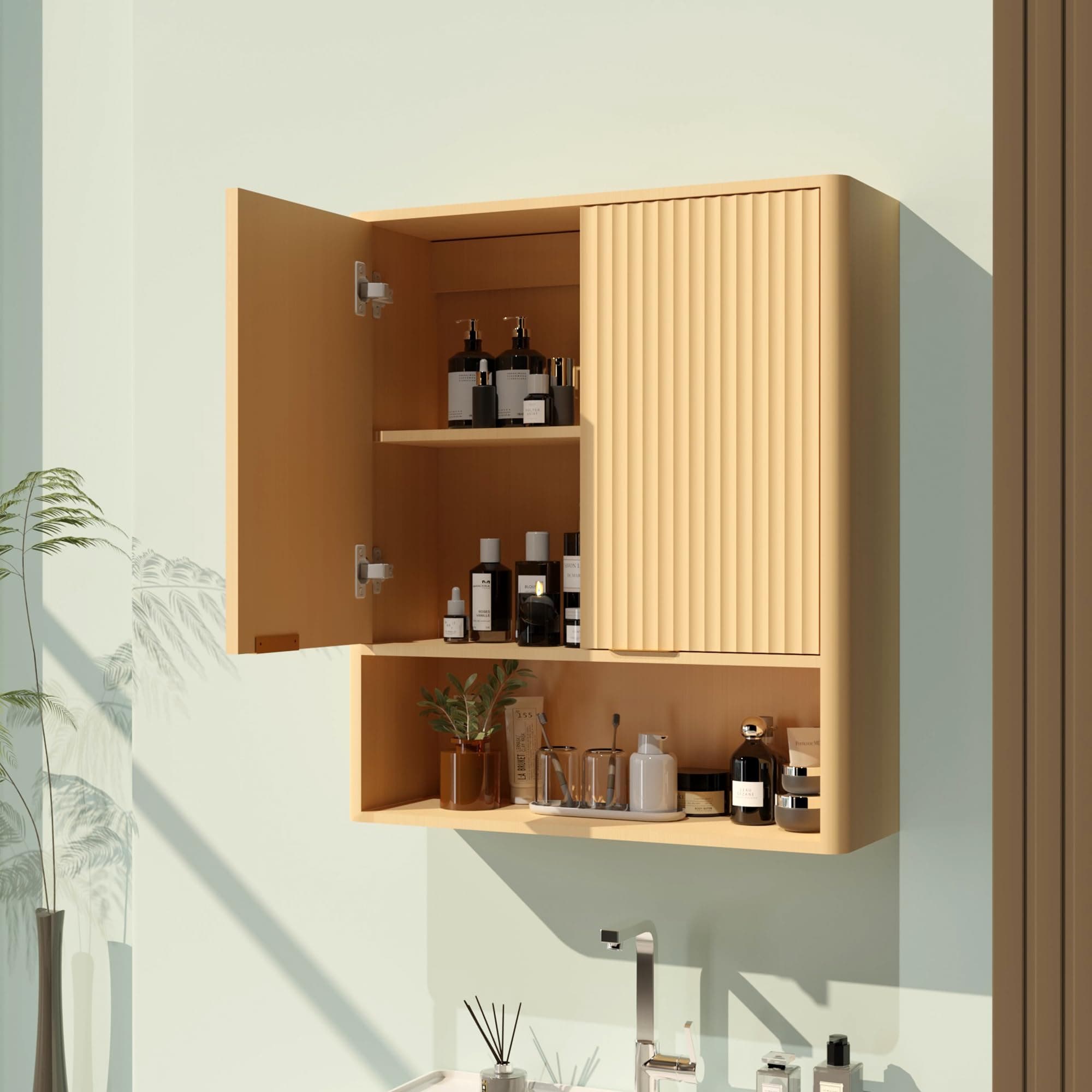 Lezyhaus Fluted Curved Bathroom Wall Cabinet,Over The Toilet Cabinet with Adjustable Shelf and 2 Doors,Wooden Medicine Cabinet for Laundry & Kitchen & Living Room (Natural Oak)