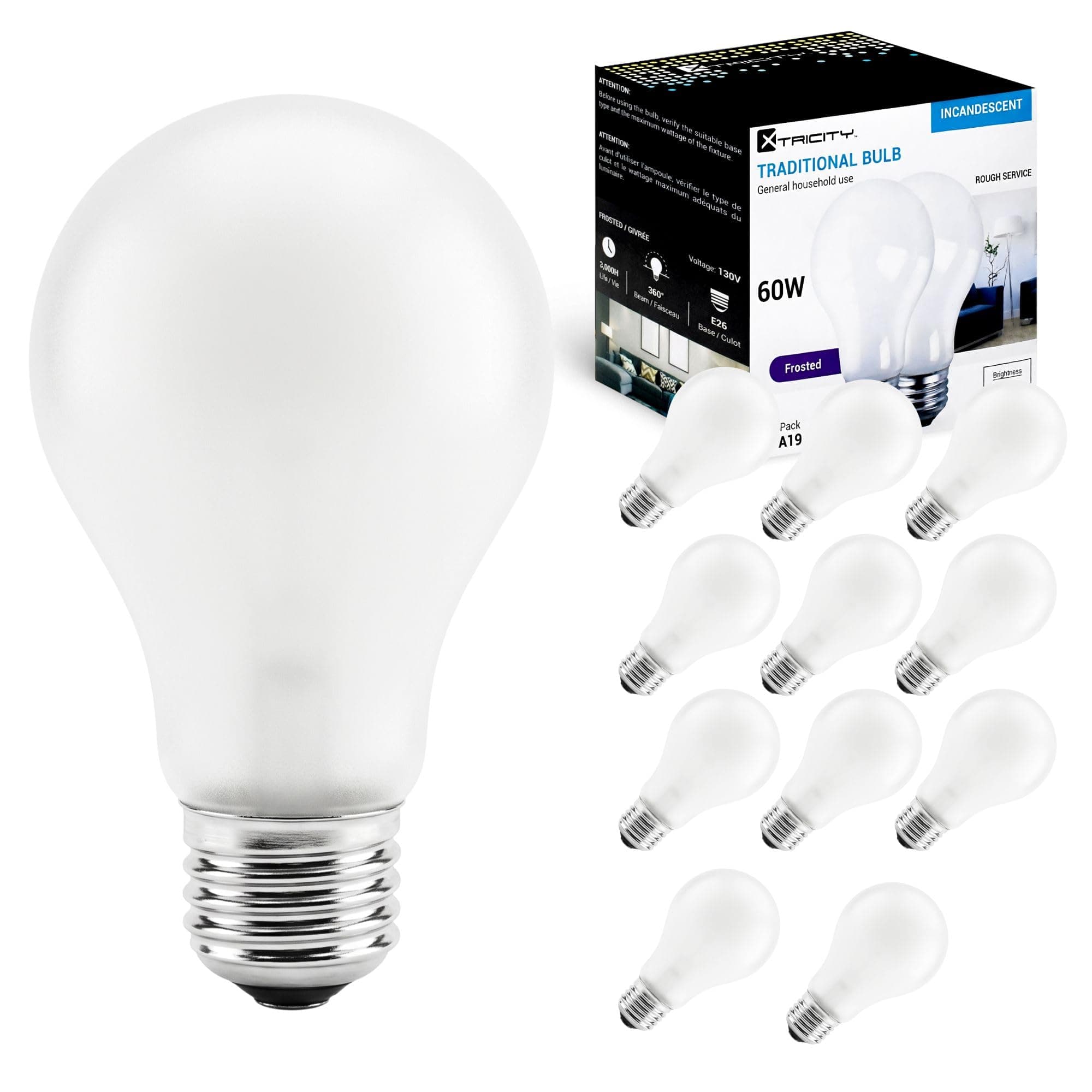 A19 Frosted Incandescent Rough Service Light Bulb, 60 Watt, Long Life - 3,000 Hours, 2700K Soft White, E26 Medium Base, 550 Lumens, 130V (12 Pack)