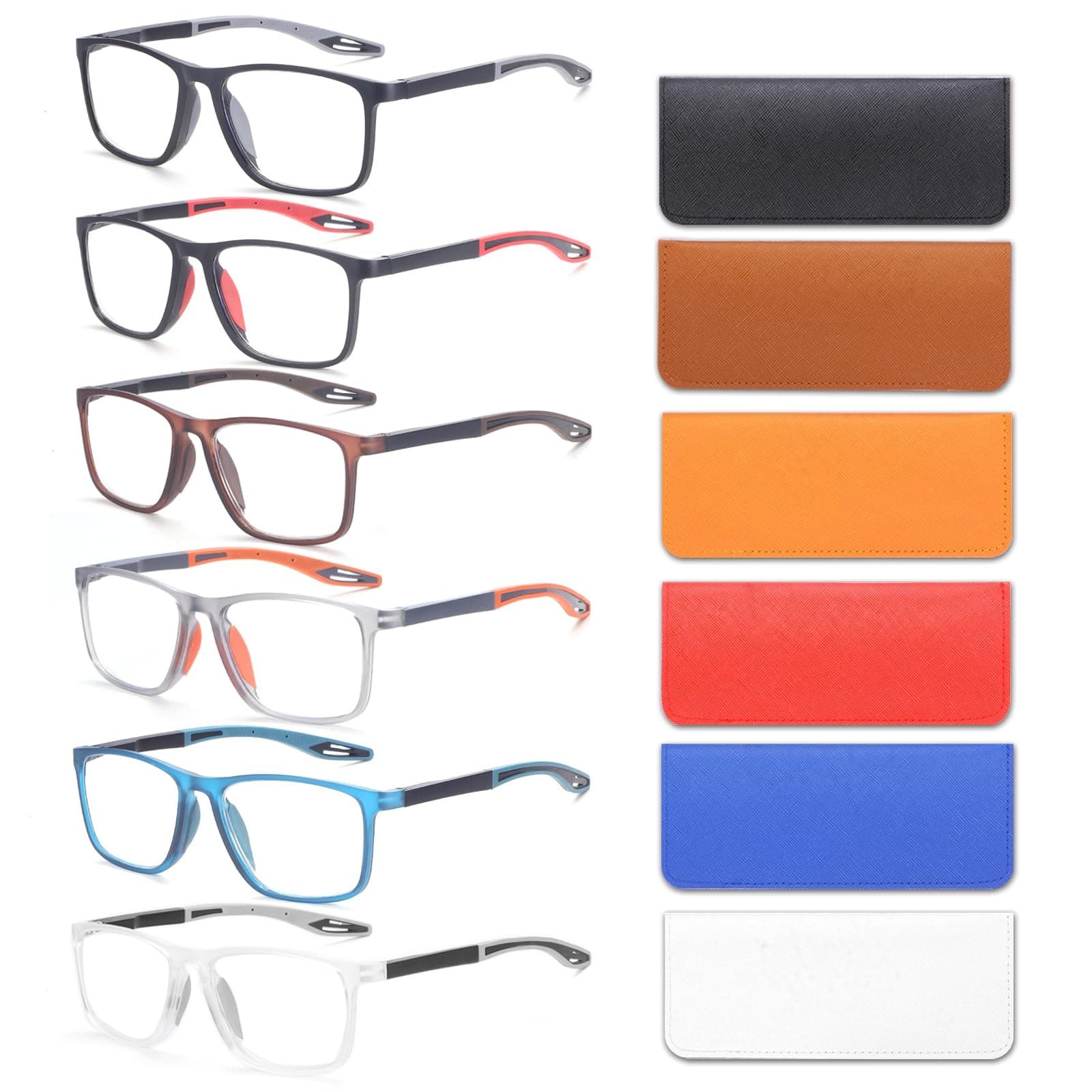 BLOEXCLU 6 Pack Reading Glasses for Men Sports Style Blue Light Blocking Readers with Spring Hinge Women Eyeglasses (Black & red & Brown & Orange & Blue & transparent, 3.5, x)