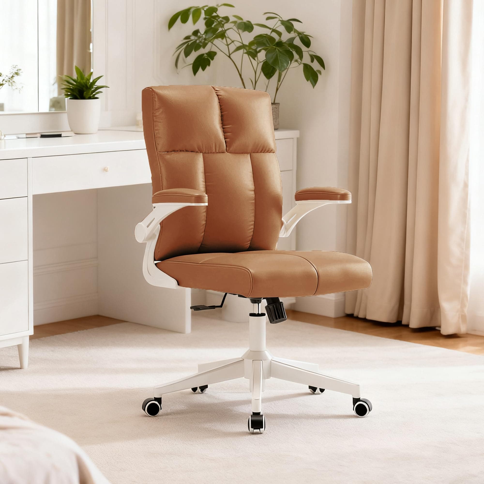 Ergonomic Home Office Desk Chair with Space Saving Flip-Up Arms, 360° Swivel & Reclining Back, Executive Chair in Soft Faux Leather Chair Multi-Angle from 90° to 135° with 450LBS Capacity(Brown)