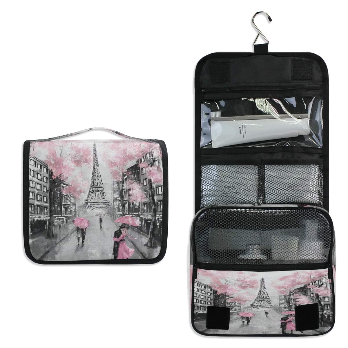 YVONAU Hanging Toiletry Bag Eiffel Tower Paris Lovers Street Portable Travel Cosmetic Makeup Bag Bathroom Shower Shaving Kit Organizer Bag for Men Women