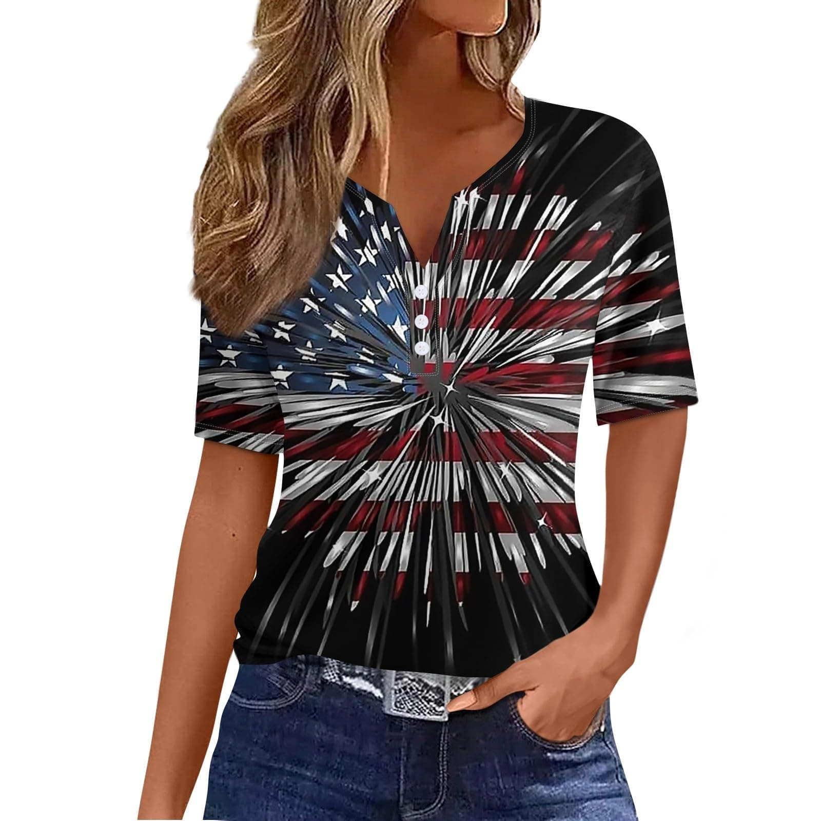 Red Wine and Blue Shirts for WomenSummer 2025 4th of July Patriotic Short Sleeve Henley Button Down Casual American Flag Tops Black Medium