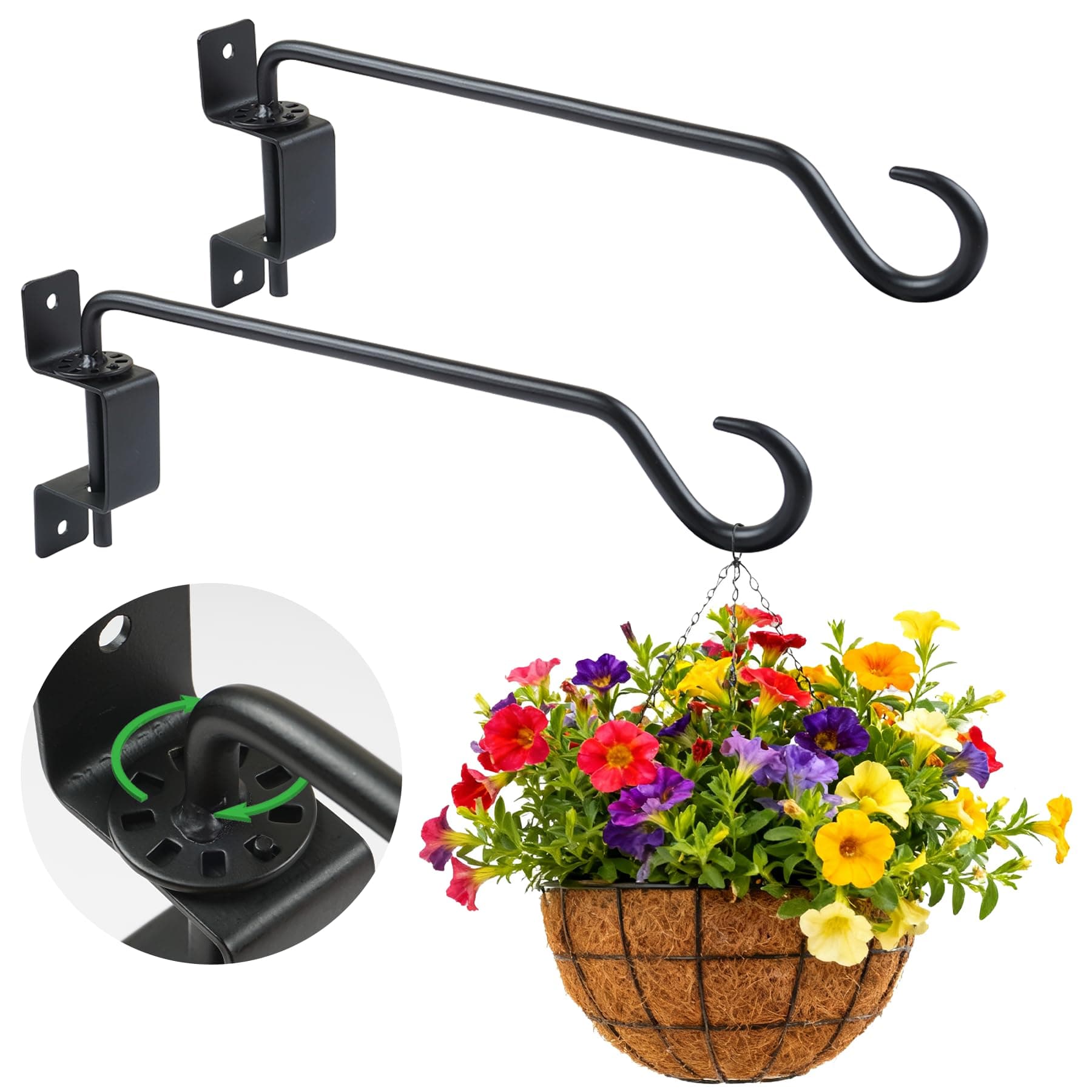 12 Inch Swivel Plant Hanger 2 Pack – Heavy Duty Wall Mount Plant Brackets with 360° Adjustable Hook, Rust-Resistant Metal Outdoor Plant Hangers for Flower Baskets, Bird Feeders, Lanterns & Wind Chimes
