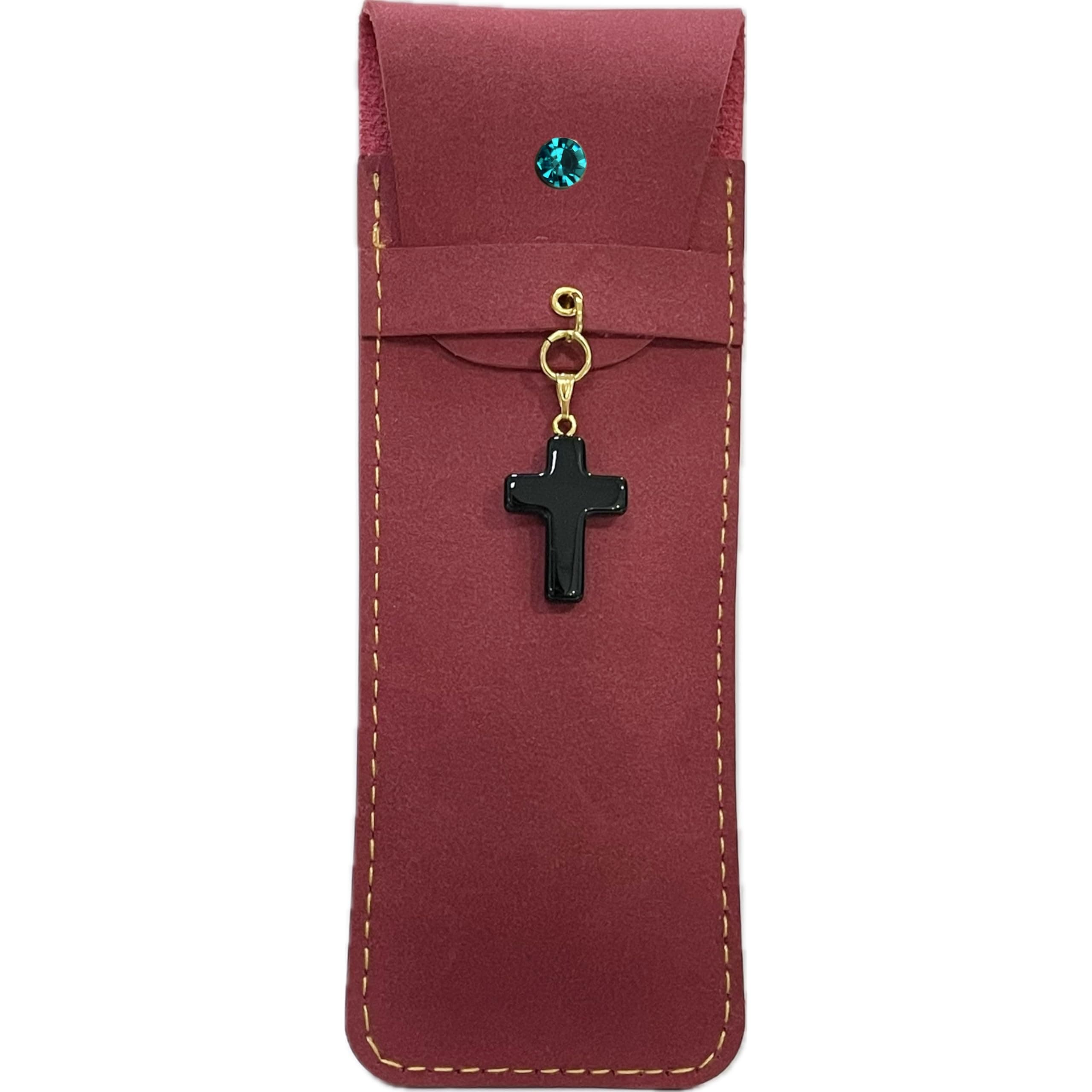 Kummiaib Premium Pen Case with Crystal Cross Pendant & Inlaid Synthetic Sapphire for Fountain Pens & Ballpoints (2 Colors: Gray, Burgundy) (Burgundy)