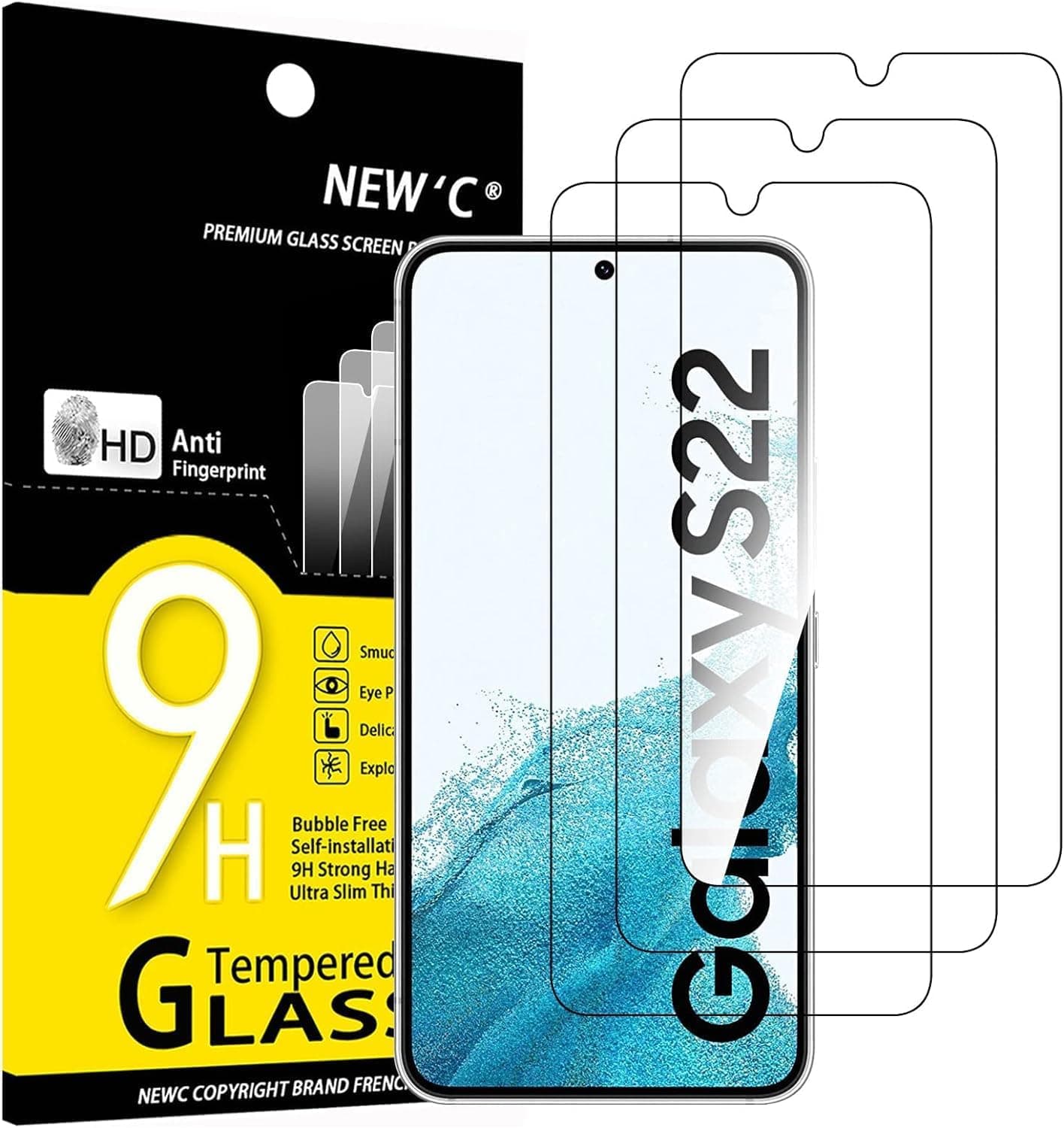 NEW'C 3枚 ガラスフィルム Samsung Galaxy S22 5G, に対応 強化ガラス液晶保護フィルム 浮きなし、超耐久9H硬度、気泡なし