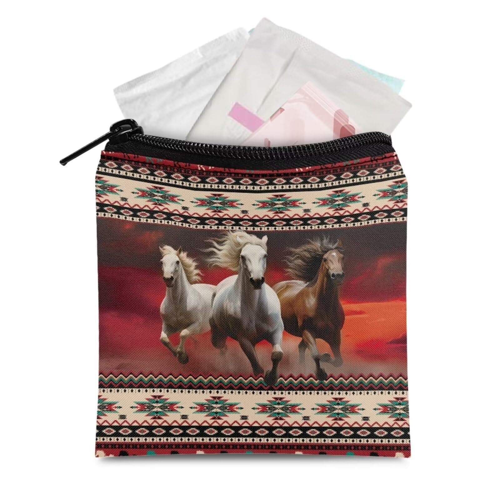 HUGS IDEA Period Bag Native American Aztec Navajo Horse Sanitary Pad Storage Bag Samll Period Pouch for Purse Period Bag Organizer Pouch, Feminine Care Period Bags for Teen Girls