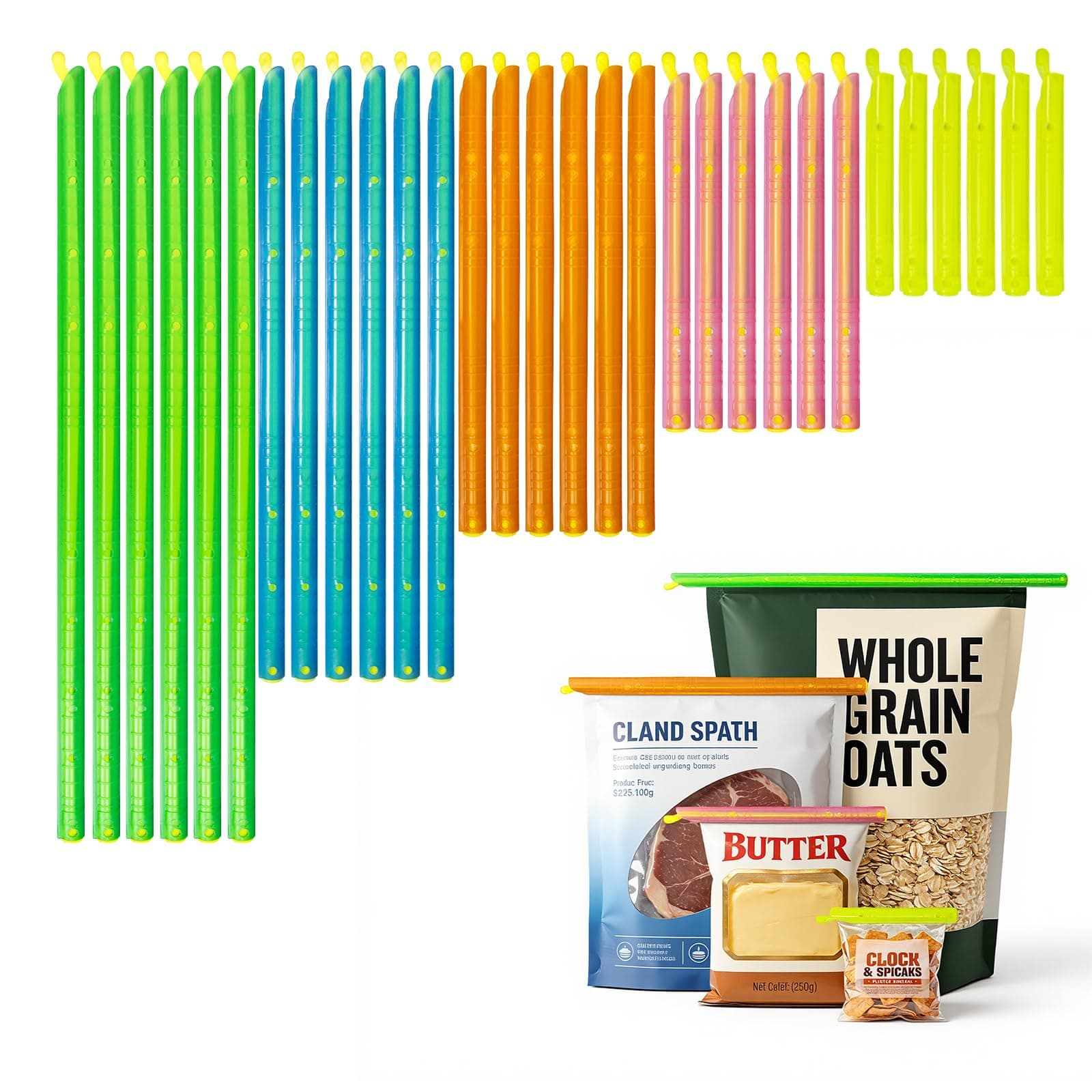 30Pcs Plastic Bag Sealer Slide Sticks, Reusable Bag Sealing Clips for Food, Cute Potato Chip Clips Crimper Bulk, Magic Snack Storage Bag Closers Holder for Kitchen Pantry Accessories (5 Lengths