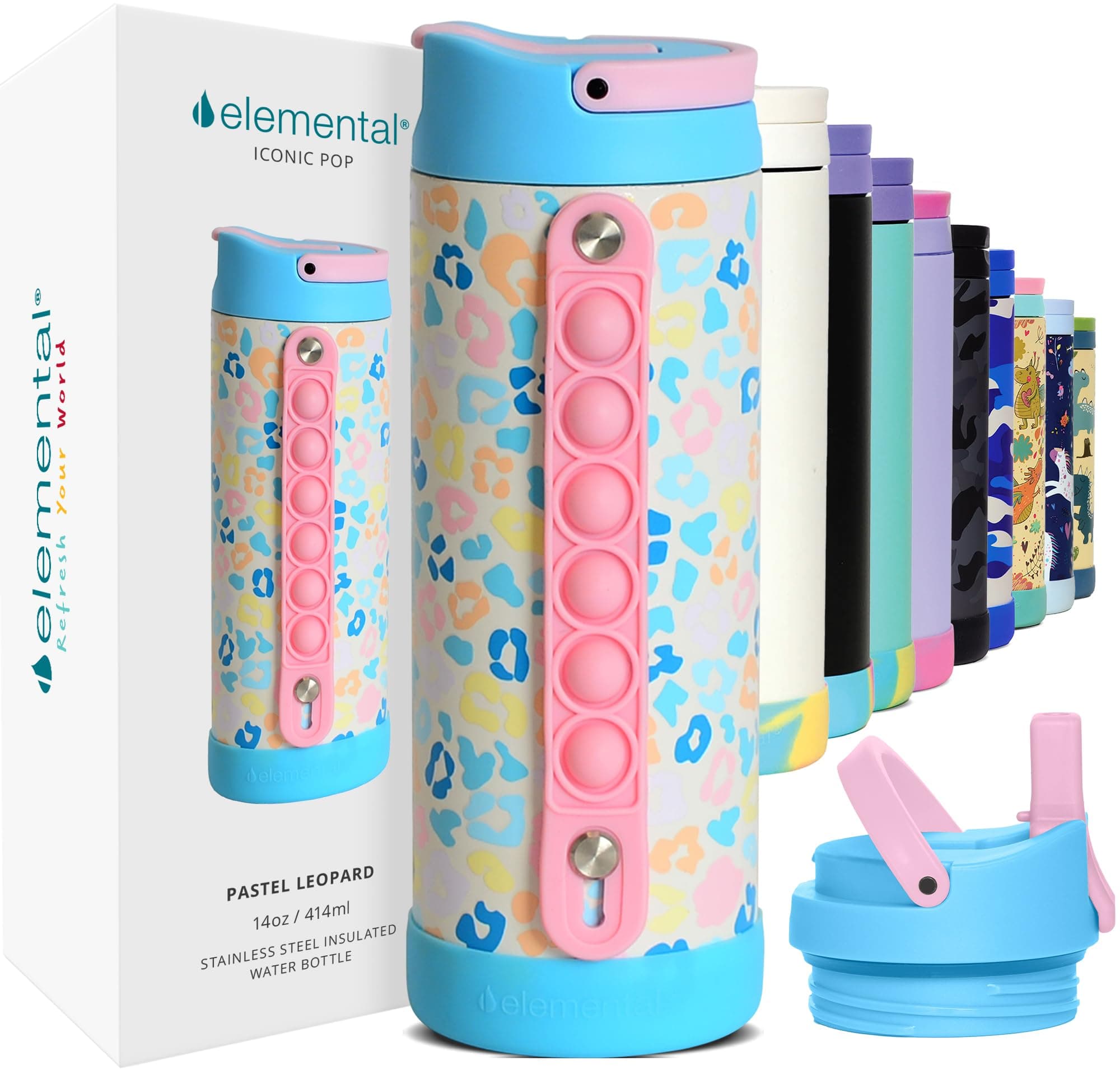 Elemental Iconic Kids Water Bottle with Straw Lid & Stress Relief Pop It Handle, Leak-Proof When Closed, Triple Insulated Kids Stainless Steel Water Bottle for Girls and Boys, 14oz - Pastel Leopard