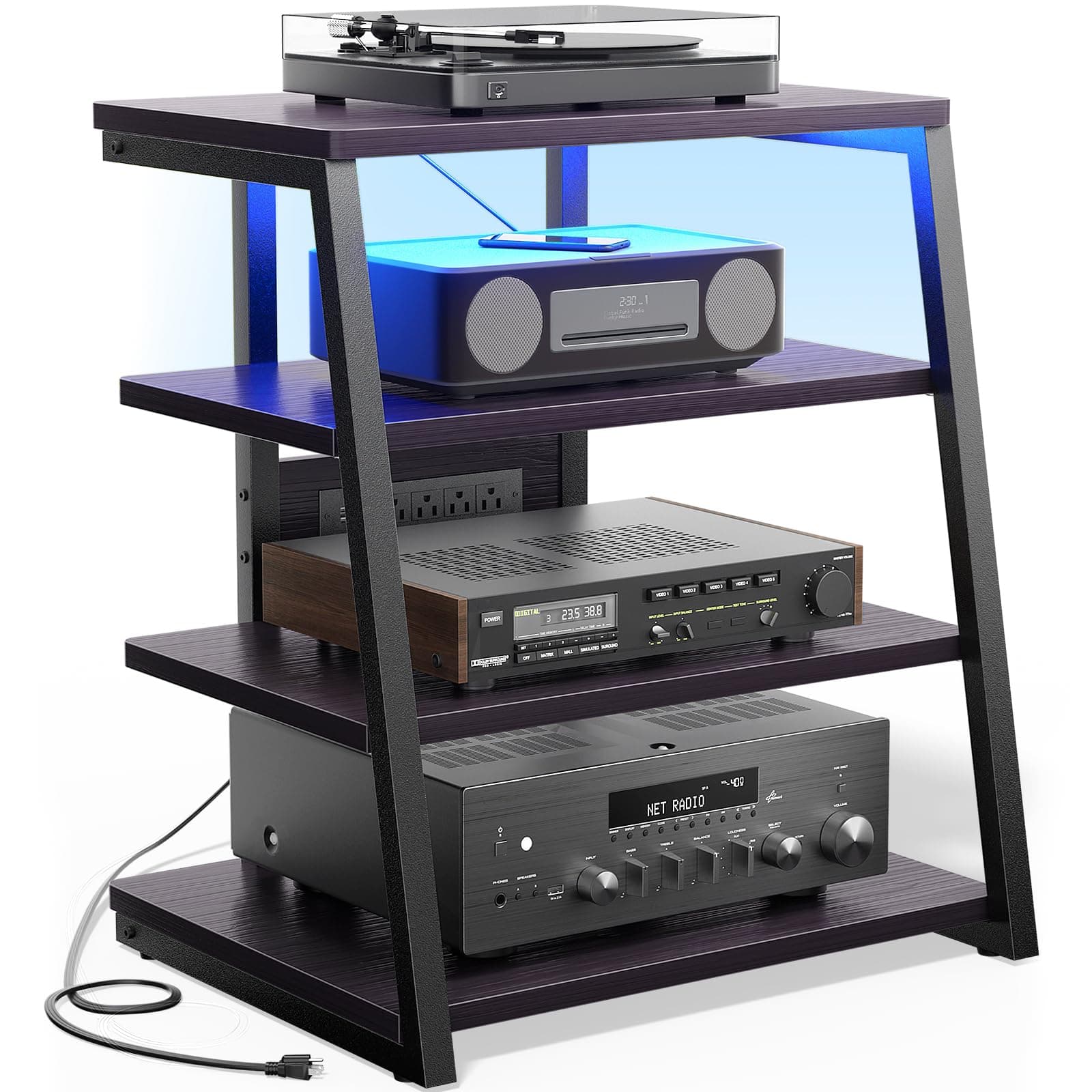 Besiost - AV Media Stand with 2 Adjustable Shelves, Country Rustic Style with Outlets and LED Lights, Audio Component Shelf, Black