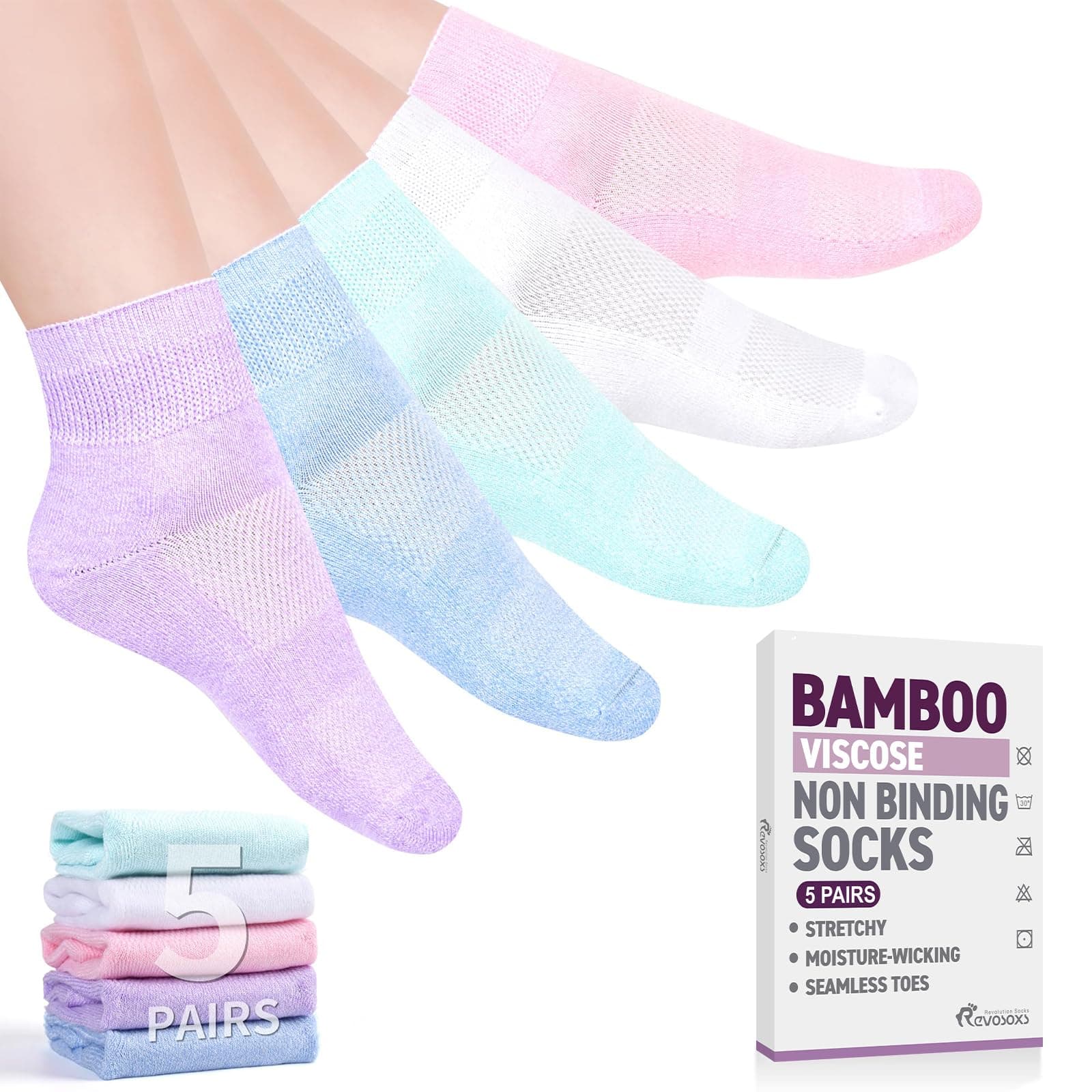Revosoxs Diabetic Socks for Women Men,5 Pairs Non Binding Diabetic Ankle Socks,Wide Stretchy Loose Seamless Socks7-9 9-11(Pure-Large)