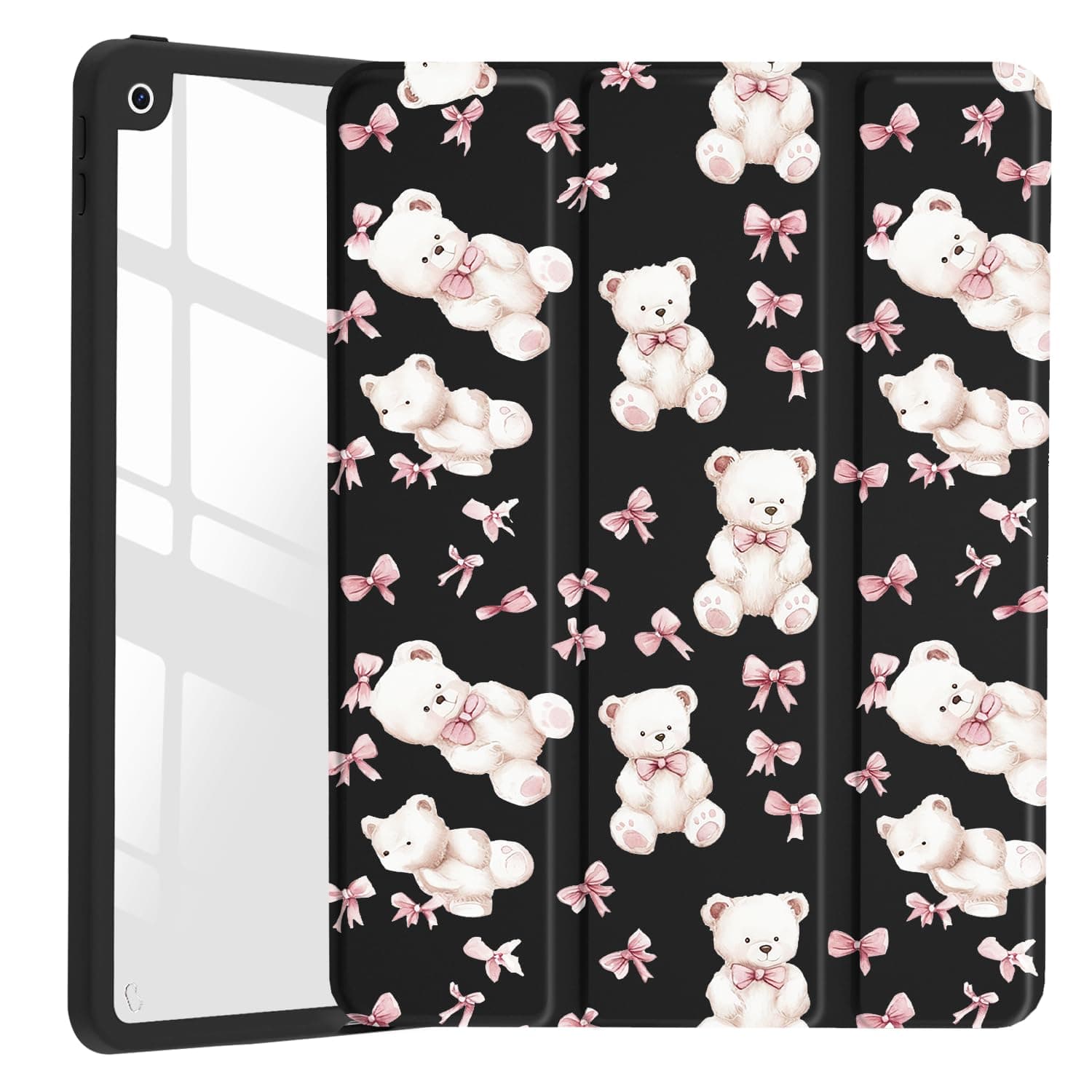 JOYLAND Cute Pink Bear Bow Case for iPad Air 13-inch (M2) 2024, Girly Kawaii Animal Clear Acrylic Hard Back Black Case with Pencil Holder Trifold Stand Tablet Shell (Model Number:A2898/A2899/A2900)