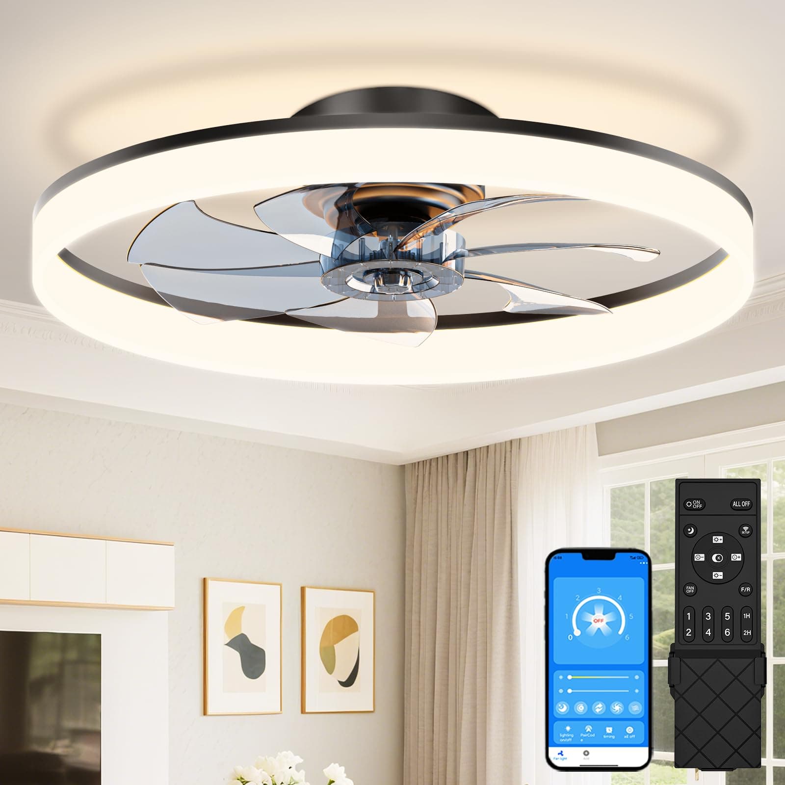 VOLISUN Low Profile Ceiling Fans with Lights and Remote, 24in Black