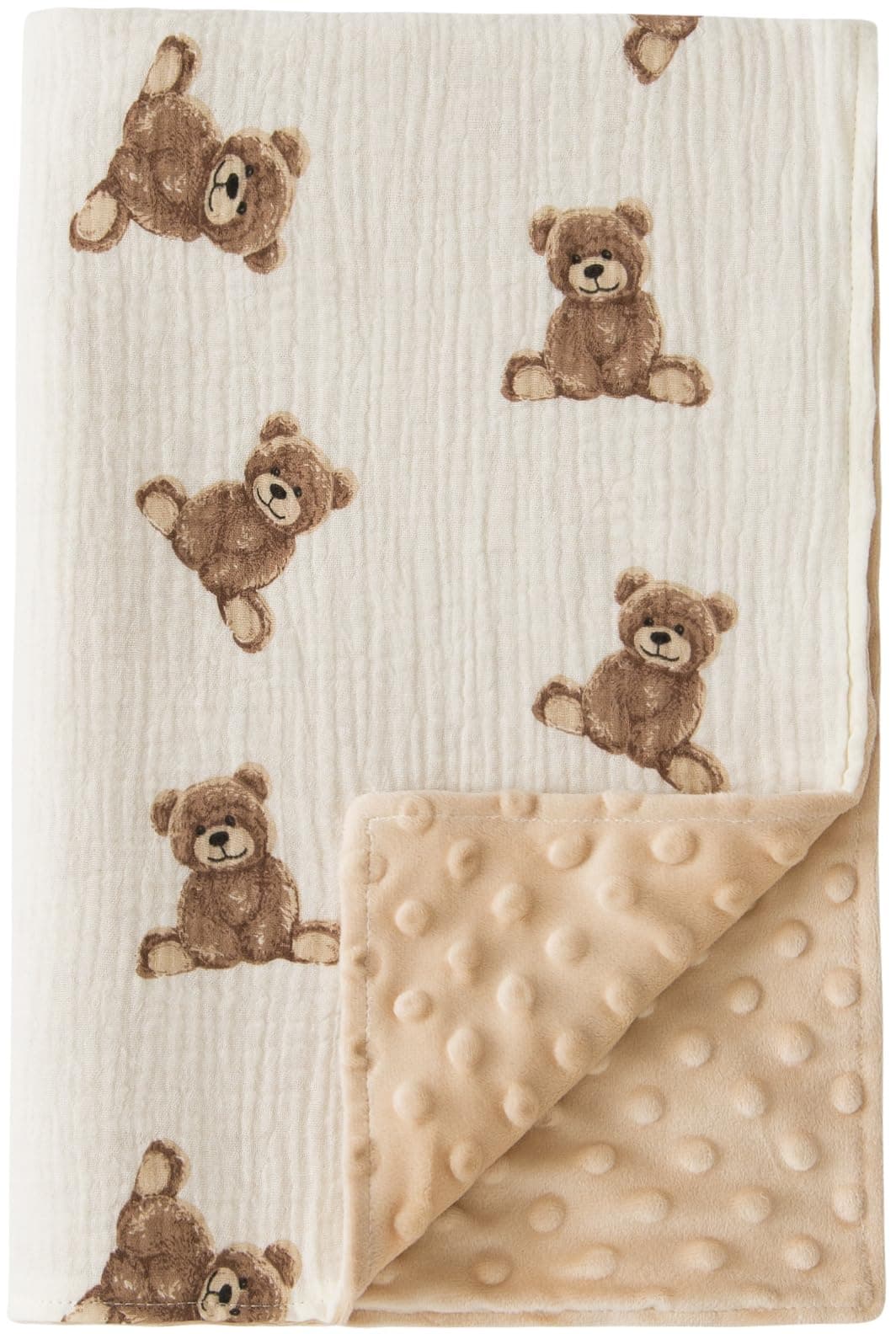 Little Jump Baby Blankets Minky Blankets for Unisex Boys Girls, Soft Fluffy Crib Blankets with Muslin Cotton Front and Dotted Fleece Backing, Teddy Bear Receiving Blanket for Newborn Infants