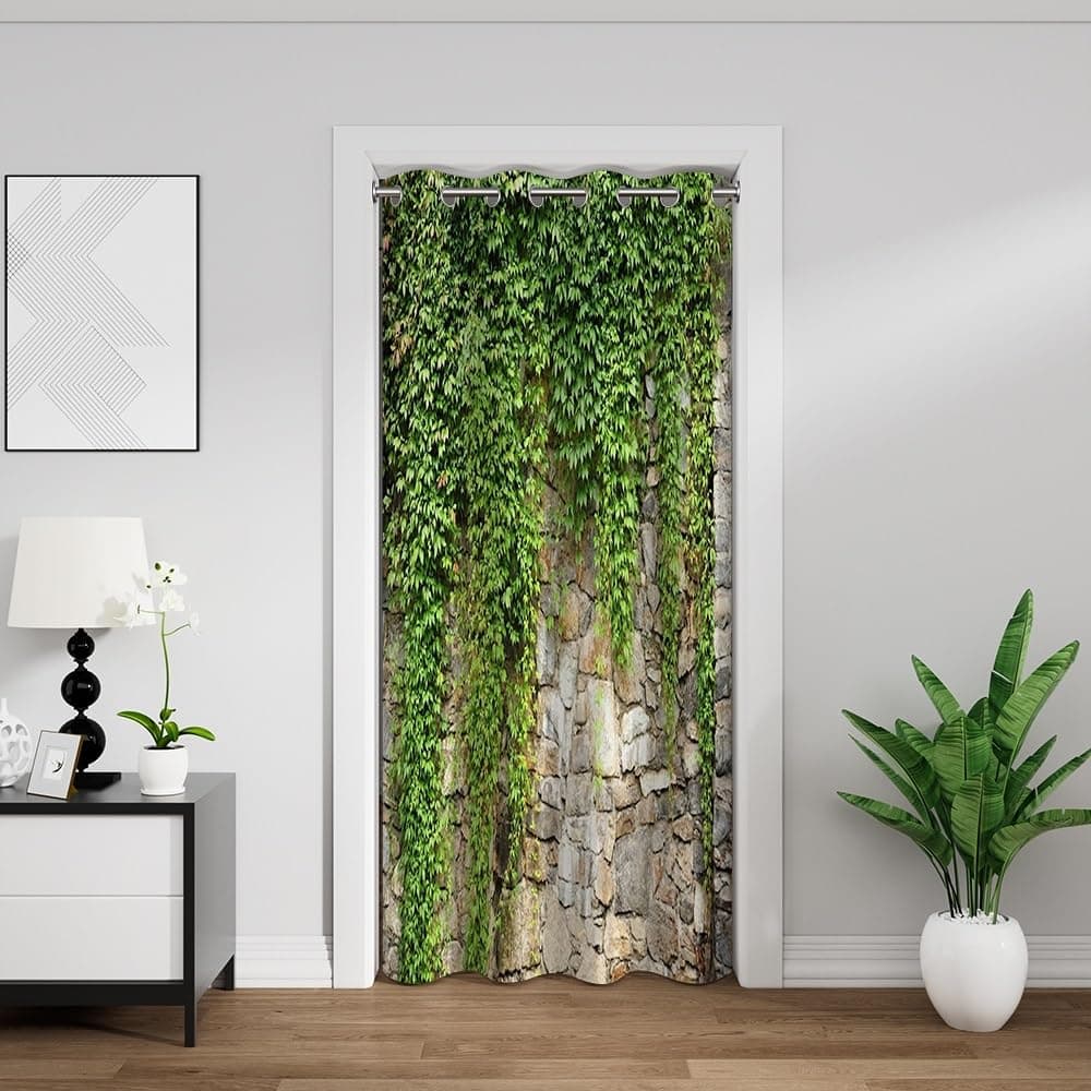Green Ivy Leaf Door Curtains for Doorway Privacy Leaves Plants Rustic Stone Wall Spring Scenery Nature Room Darkening Thermal Insulated Blackout Curtains for Doors 34x80 Inch,1 Panel