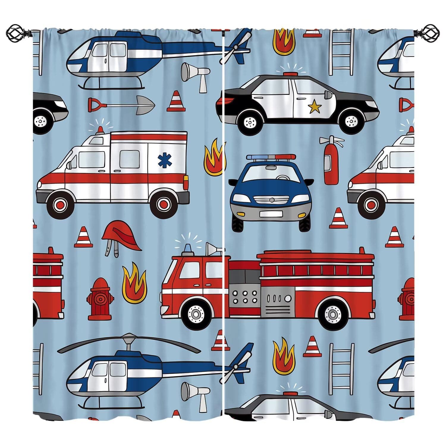 Wallira Blue Boys Cartoon Car Curtains,Fire Truck Ambulance Police Car Helicopter Print Decor Rod Pocket Window Treatments for Baby Kids Bedroom Toddler Playroom Living Nursery Drapes 41" W X 45" L