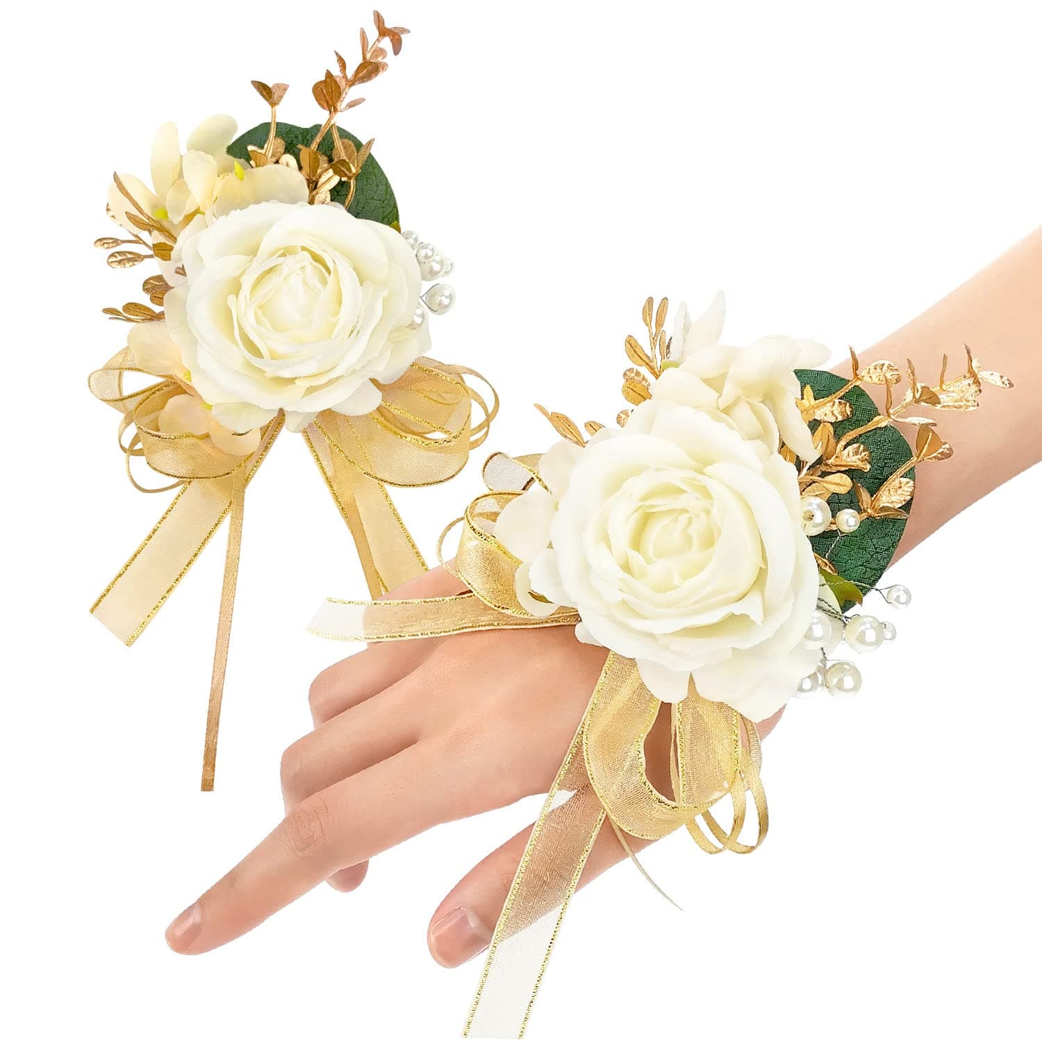 Ayieyill Ivory Rose Wrist Corsage Wristlet Band Bracelet and Boutonniere Set for Men Women Bride Bridesmaid Wedding Prom Flowers Accessories (A-Boutonniere & Wrist Corsage)