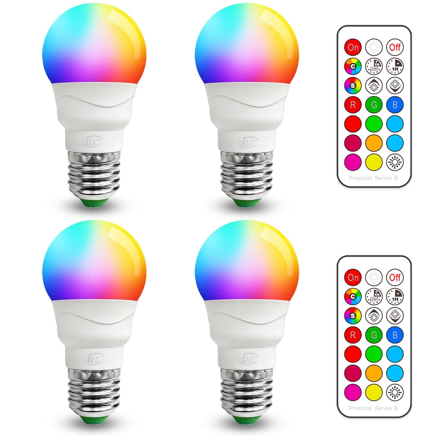 iLC Colour Changing Light Bulb, LED Light Bulb, 40W Equivalent, 450LM, 2700K Warm White 5W E26 Screw Base RGBW, RGB Light Bulb- 12 Color Choices - Timing Infrared Remote Control (4 Pack)