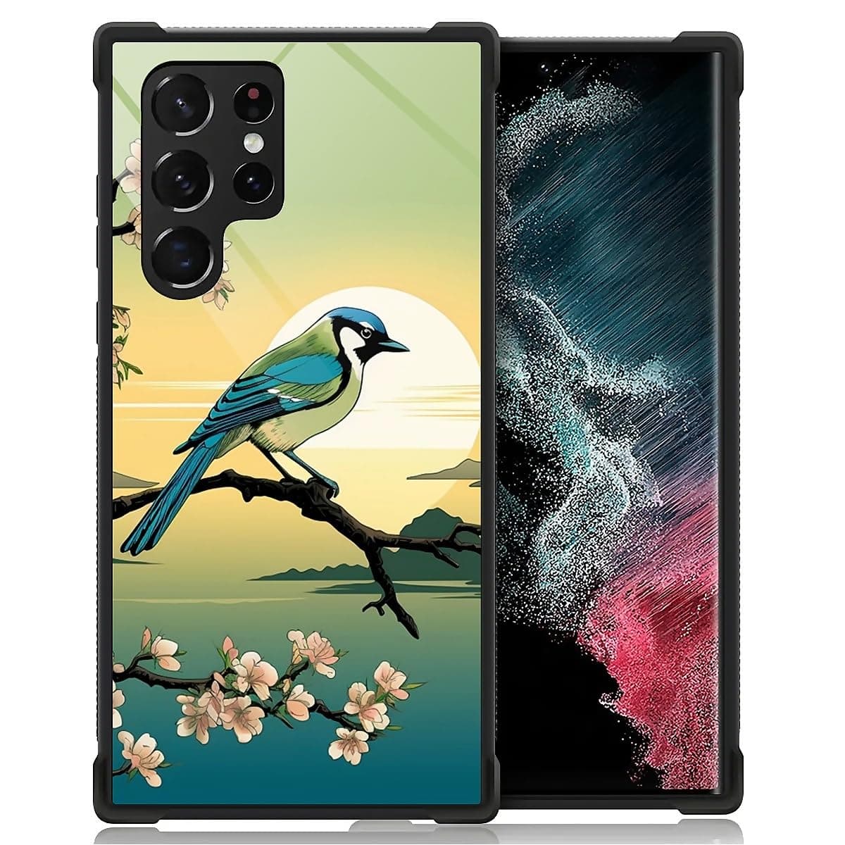FKBRCL4U for Samsung Galaxy S22 Ultra Case, Magpie Plum Blossom Sunset Cyan Pattern Graphic Design Girl Boy Soft Silicone Hard Acrylic Shock Protection for Samsung Galaxy S22 Ultra