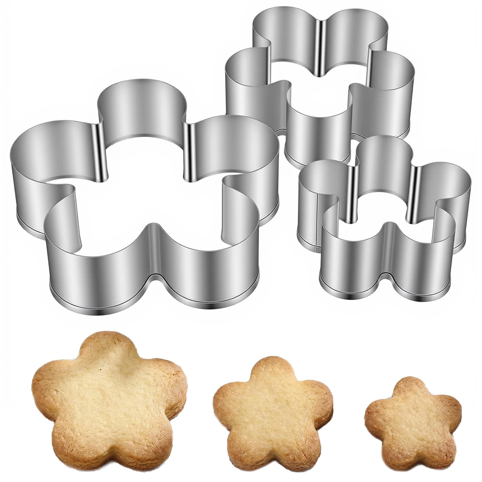3 Pcs Flower Cookie Cutter Set, Stainless Steel Baking Tools, Five Petal Scalloped Edge Spring Flowers Cook Cutters Shapes Molds, Flower Fondant Cookie Cutters for Fondant, Biscuits, DIY Crafts