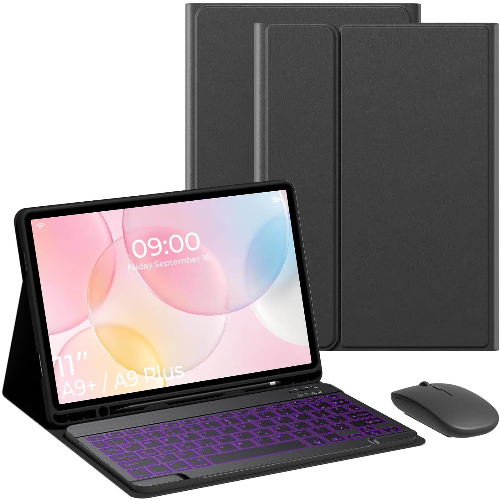 Keyboard Case for Samsung Galaxy Tab A9 Plus/A9 11’’ 2023, Samsung A9 Plus Tablet Case with Pen Slot 7 Color Backlit Detachable Keyboard with Mouse (SM-X210/X216/X218) (Black-C)