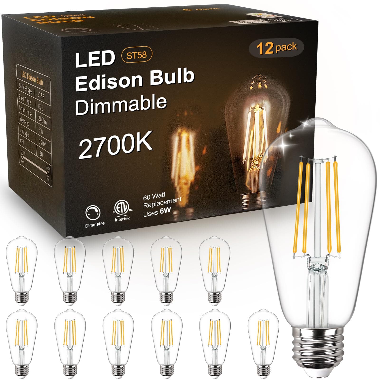 Evelor Vintage LED Edison Bulbs, 6W, Equivalent 60W, Dimmable, High Brightness 800LM Soft White 2700K, ST58 Antique LED Filament Bulbs with 80+ CRI, E26 Base, Clear Glass,ETL Listed, 12 Packs