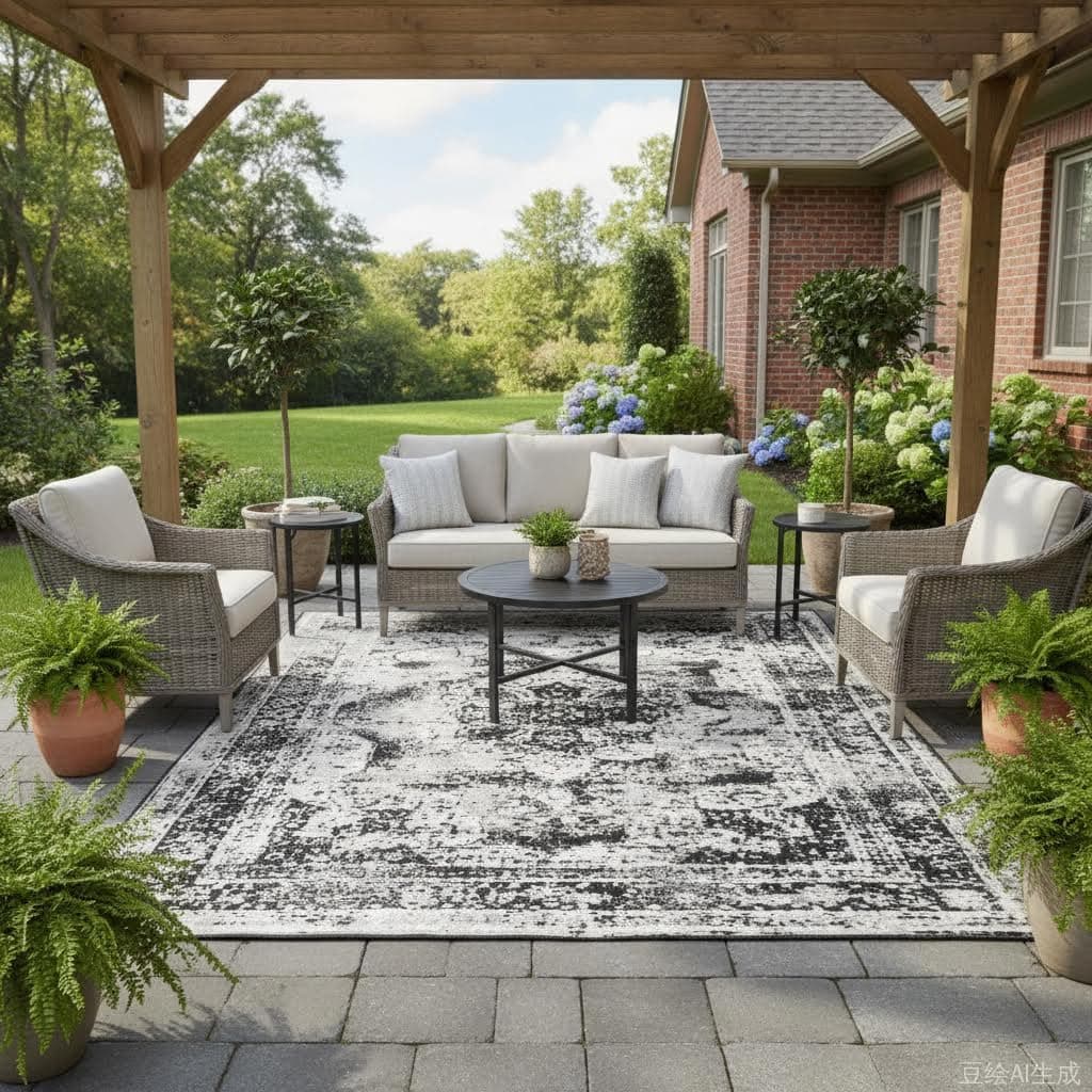 Black Grey Boho Abstract 5x7 Outdoor Area Rug for Patio Deck Porch Balcony Camping Washable Waterproof Outside Carpet Vintage Non Slip Bathroom Laundry Room Rugs Runner