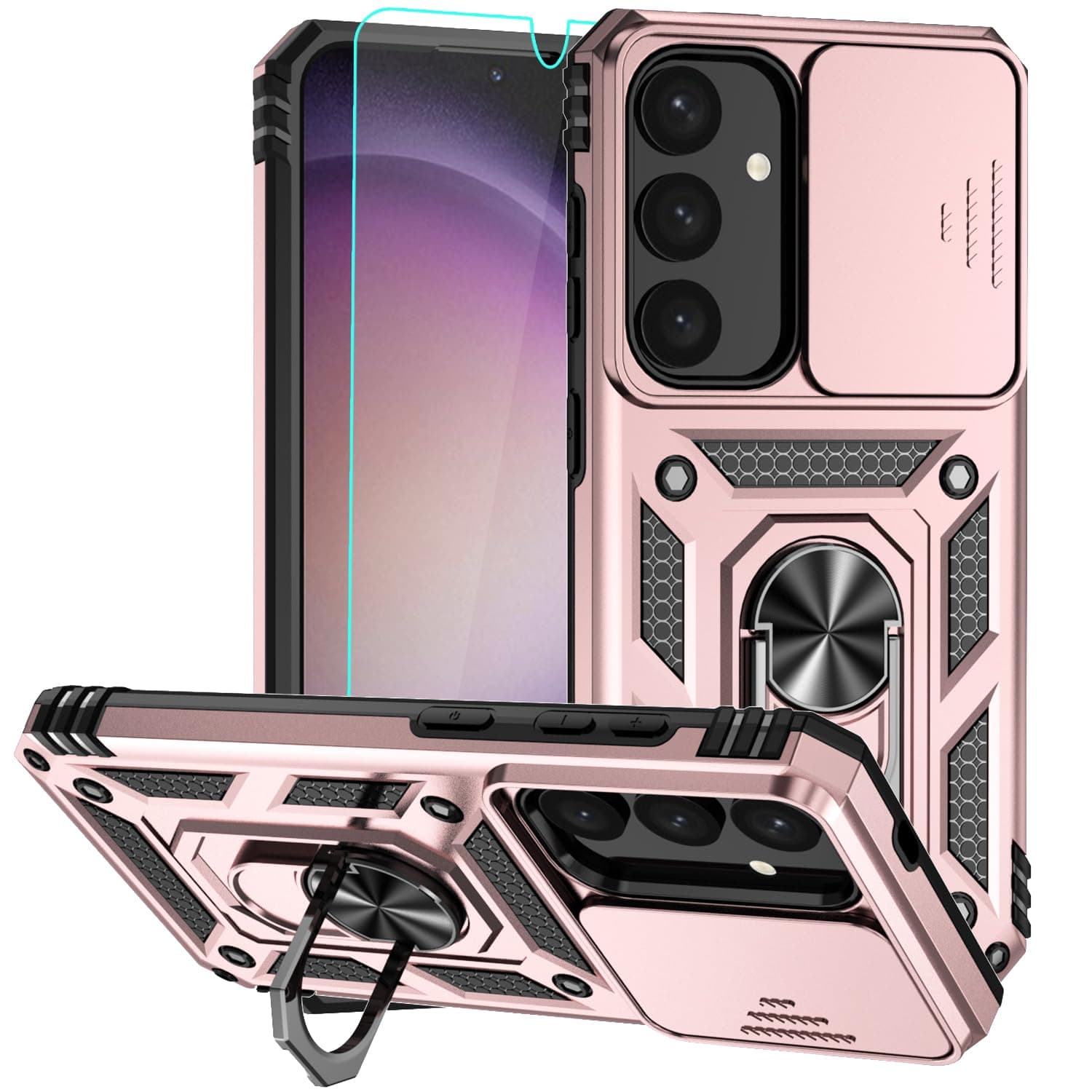 for Samsung Galaxy S25 Plus Case, Bumper Hard Plastic Phone Case with [Sliding Camera Lens Cover] [360° Rotatable Kickstand Ring] [HD Screen Protector] for Samsung Galaxy S25+ Plus Rose Gold