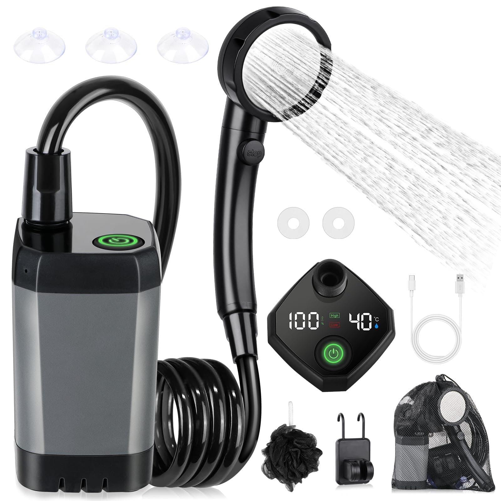 Spopal Portable Shower for Camping, [Long-Lasting] 6000mAh Rechargeable(GY)