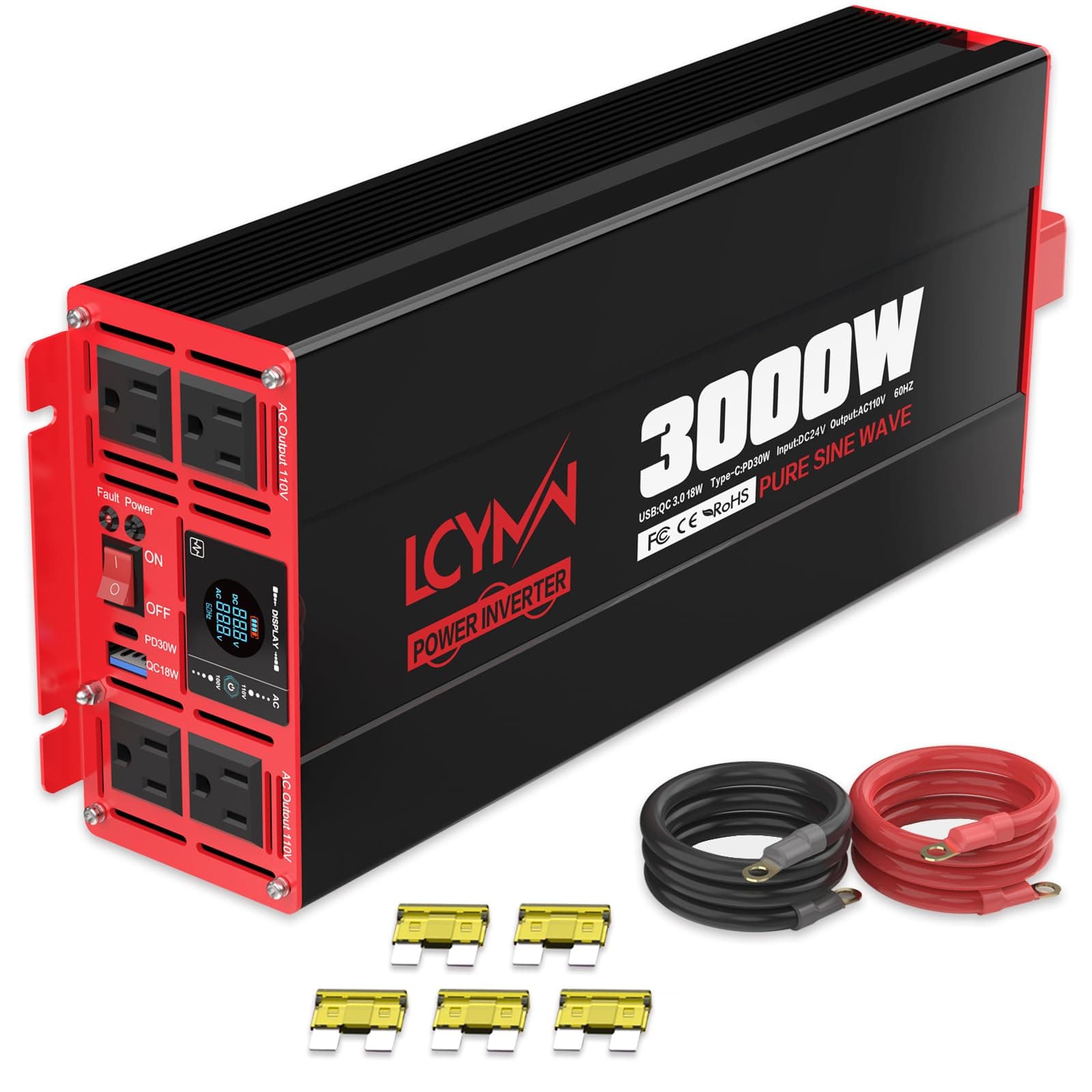 3000 Watts Pure Sine Wave Power Inverter 24V DC to 110V 120V AC Converter for Home RV Off Grid Truck Solar System Inverters with Type-C PD30W USB QC3.0 Port 4 AC Outlets LCD Display and Remote Control