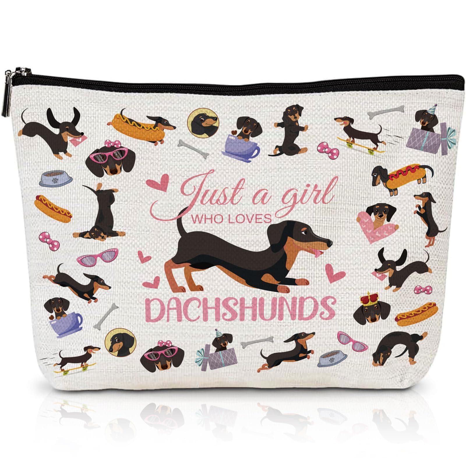 Luvsweets Dachshund Gifts for Women - Cute Cartoon Dachshund Makeup Bag, Just a Girl Who Loves Dachshund, Multicolor, Zipper Closure, Cosmetic Bag, Travel Accessory