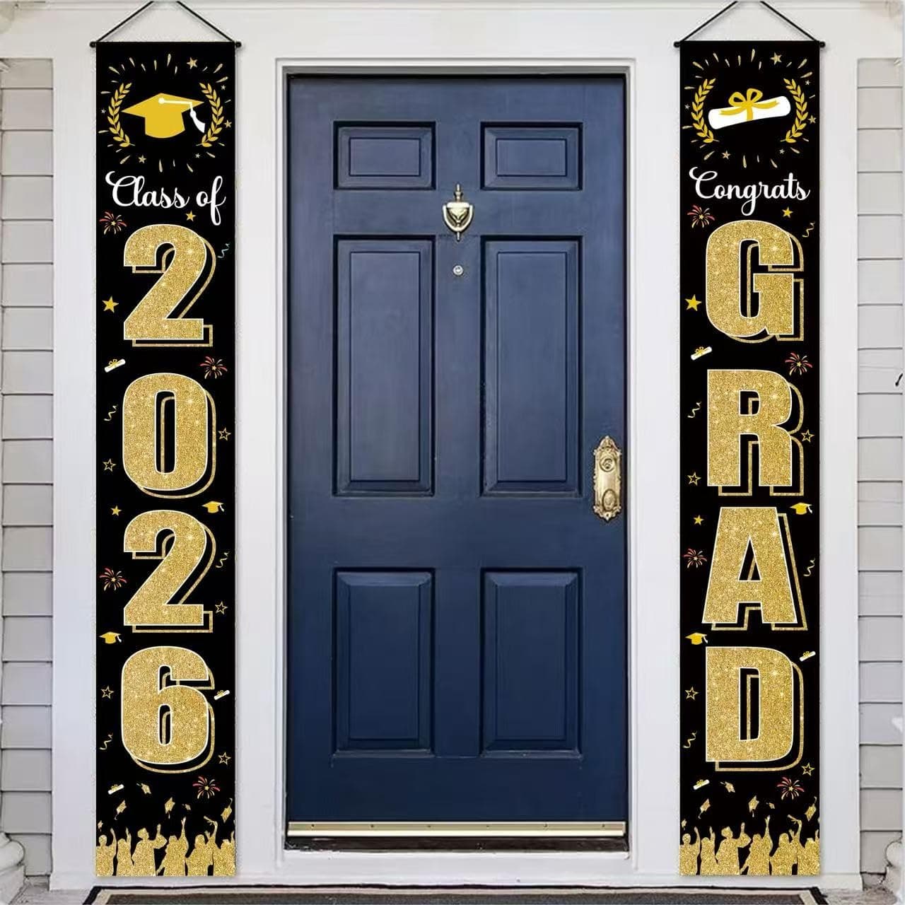 Gold & Black Graduation Decorations 2025, Congratulations Grads Porch Banner for Class of 2025, Grade 2025 Celebration Hanging Flags Porch Sign for Party, School