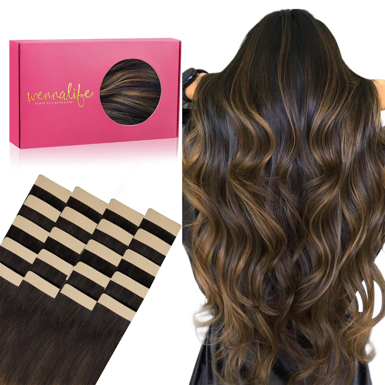 WENNALIFE Tape in Hair Extensions for Women, 20pcs 50g 16 inch Balayage Dark Brown Mixed Chestnut Brown Tape in Hair Extensions Human Hair Rallonge Cheveux Humain Straight Invisible Real Human Hair
