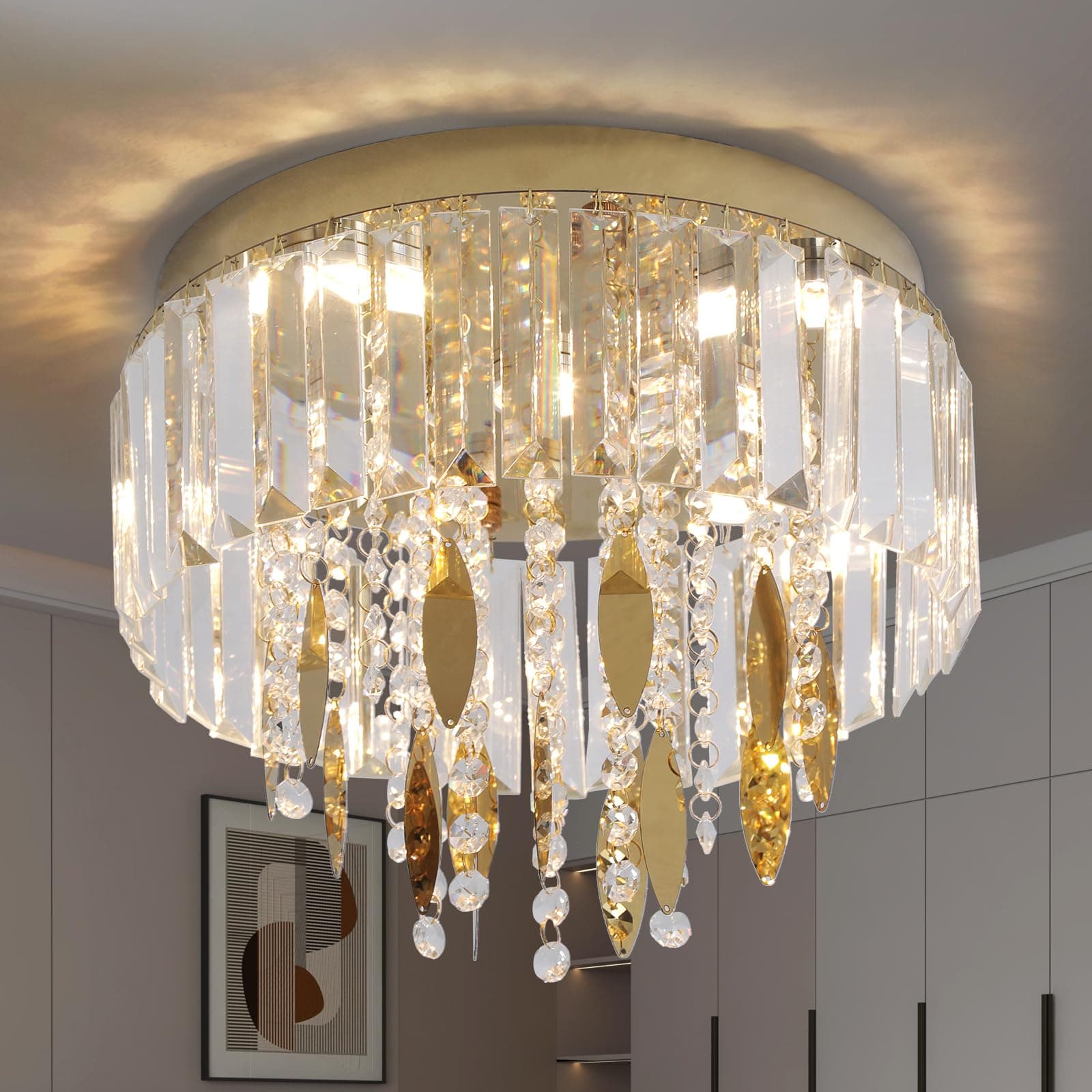 Modern Crystal Chandeliers, Exquisite Crystal Ceiling Light with Raindrop String for Bedroom, Semi-Flush Mount Gold Chandelier for Hallway Living Room, Changeable LED Ceiling Lighting Fixture 12″