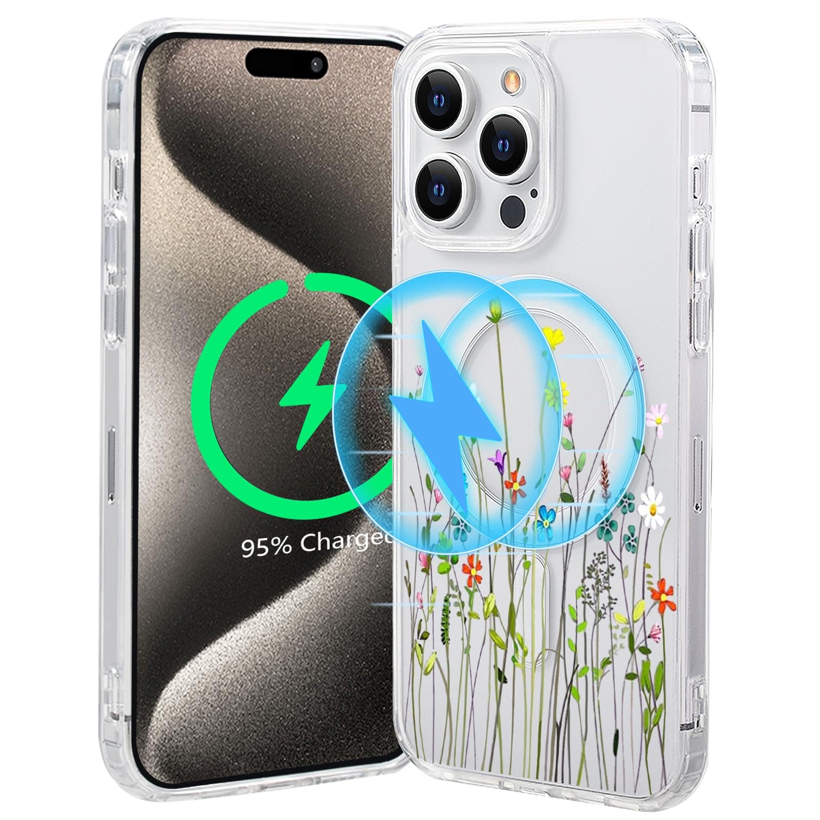 Tcaraersing Magnetic Clear Flower Case for iPhone 15 Pro Compatible with MagSafe, Floral Pattern Transparent Shockproof PC Back Soft TPU Slim Cover Girls Women iPhone 15 Pro 6.1 inch - Flower Bouquet