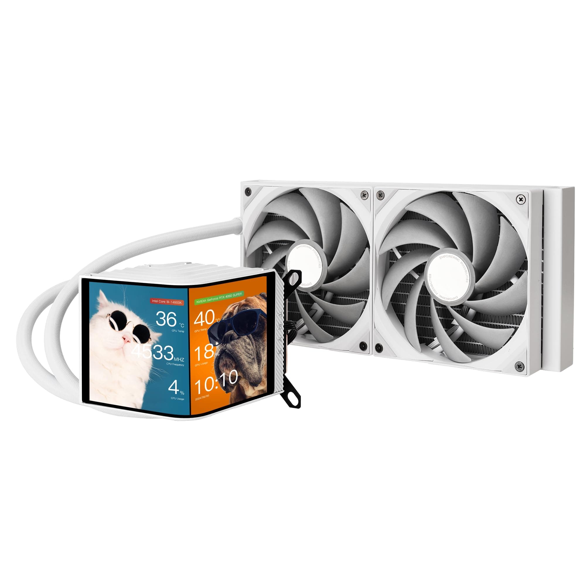 TRYX Panorama 280 White 280mm AIO 6.5'' AMOLED L-Shaped Screen 3D Anamorphic Effect Display Customizable AIO Cooler 280mm 8th Gen Asetek Pump 300w TDP ROTA PRO 140mm Fan LGA 1700/1200/115X AM5/AM4