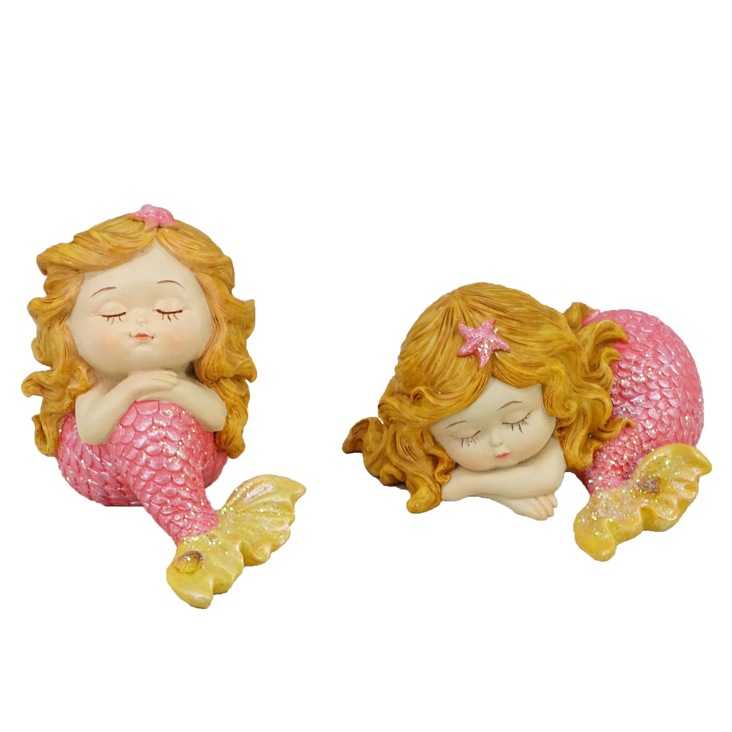 SEAKINGDOM YHH Mini Mermaid Figurine Set (2-Pack) - 4-Inch Sleeping Baby Mermaid Statue, Cute Tailed Mermaid Princess Decor for Fish Tank, Shelf & Home Décor