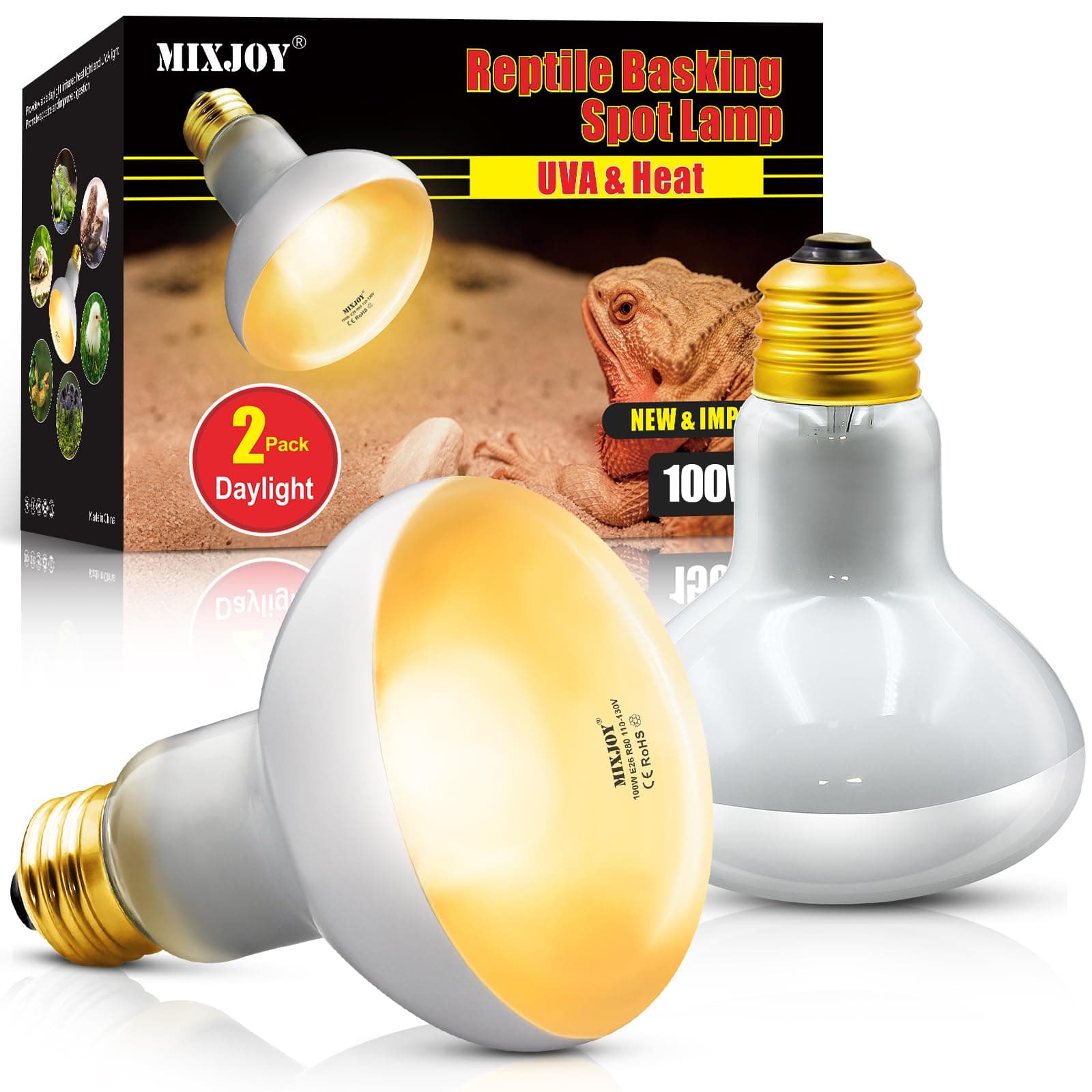 MIXJOY Reptile Heat Lamp, 2 Pack 100W Reptile Heat Lamp Bulbs, UVA Daylight Basking Spot Light for Reptiles and Amphibians - Lizard, Tortoise, Bearded Dragon