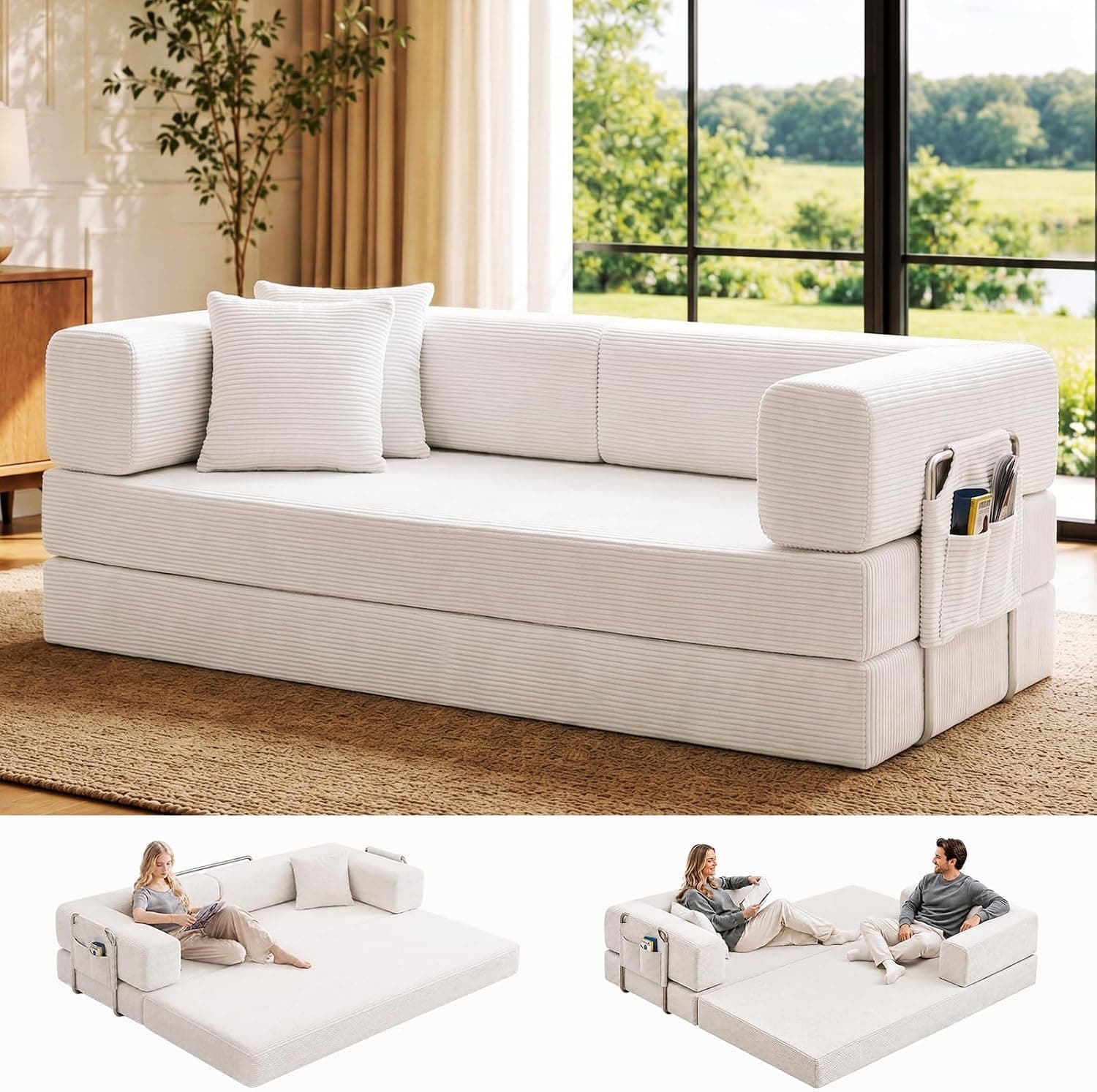 GEARIVY Convertible Sleeper Sofa Bed Corduroy Couch Bed 4-in-1 DIY Combination Modular Sofa Fold Out King Size Sleeper Floor Cama Lounge Couch for Living Room (White, 184CM)